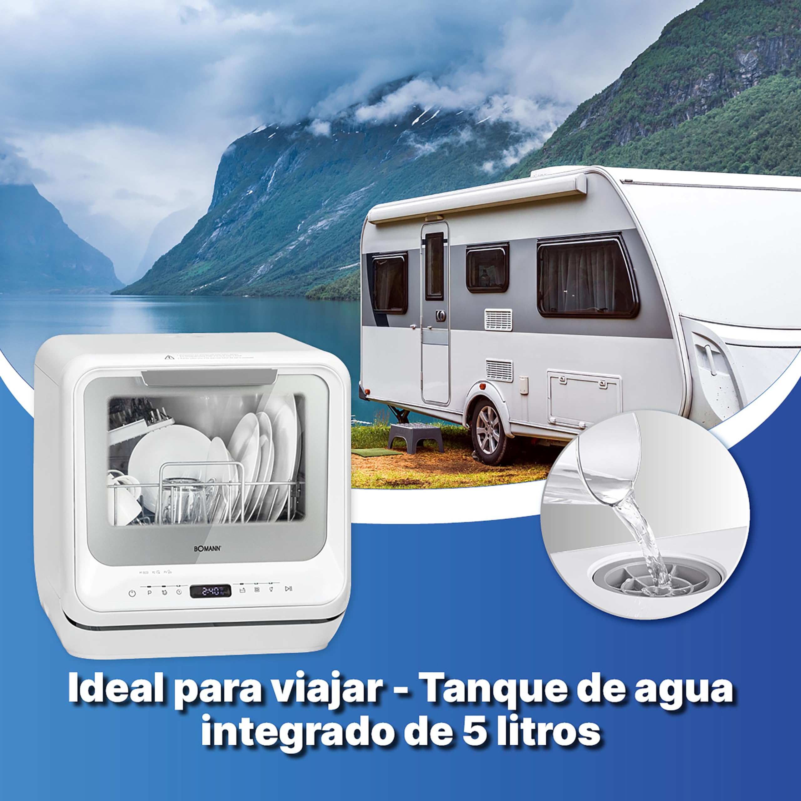 Bomann TSG 757010 Mini lavavajillas con o sin conexión de agua 5 programas Depósito de agua de 5L e iluminación interior 2 niveles de chorro Blanco