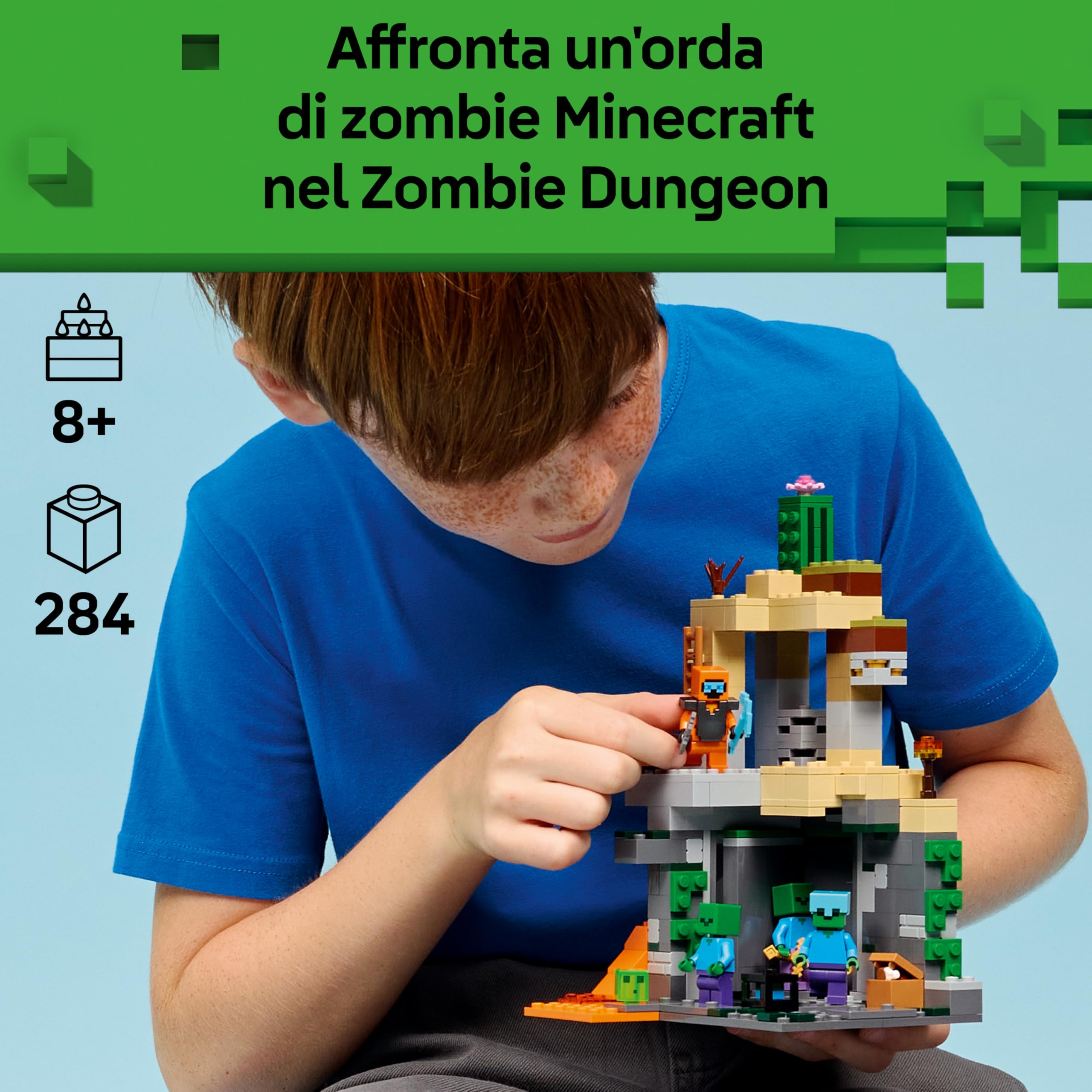 LEGO Minecraft Zombie Dungeon - Giocattolo Interattivo con Minifigure di Viandante, 3 Figure Zombie, Slime e un Tavolo da Crafting - Regalo per Gamer, Bambini e Bambine da 8 Anni in su - 21587