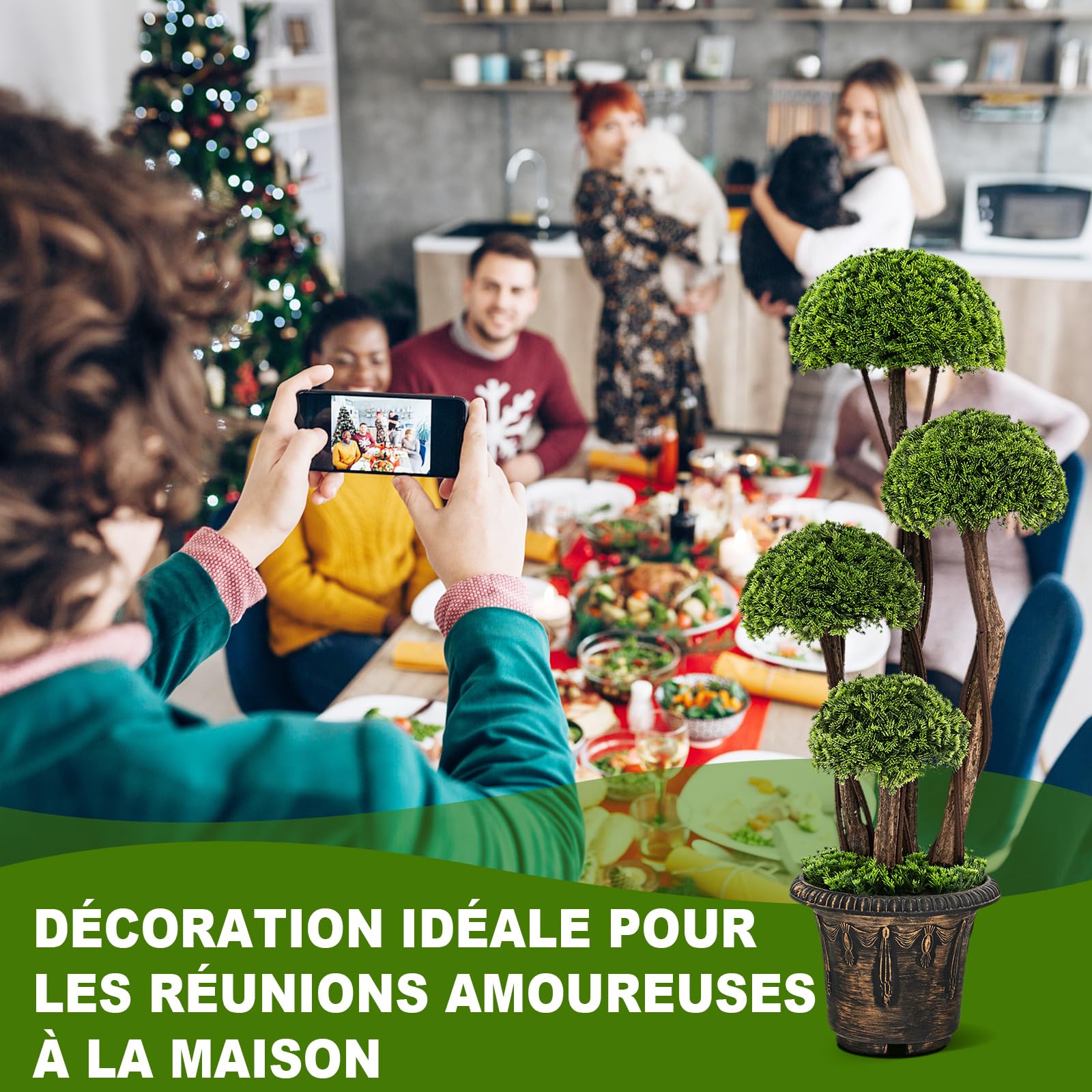 COSTWAY Arbre Artificiel en Cèdre 90 cm avec 4 Boules de Cèdre, Faux Cyprès Topiaire avec Tronc en Rotin Pot Rempli de Ciment, pour Décoration de Maison Bureau Jardin Balcon