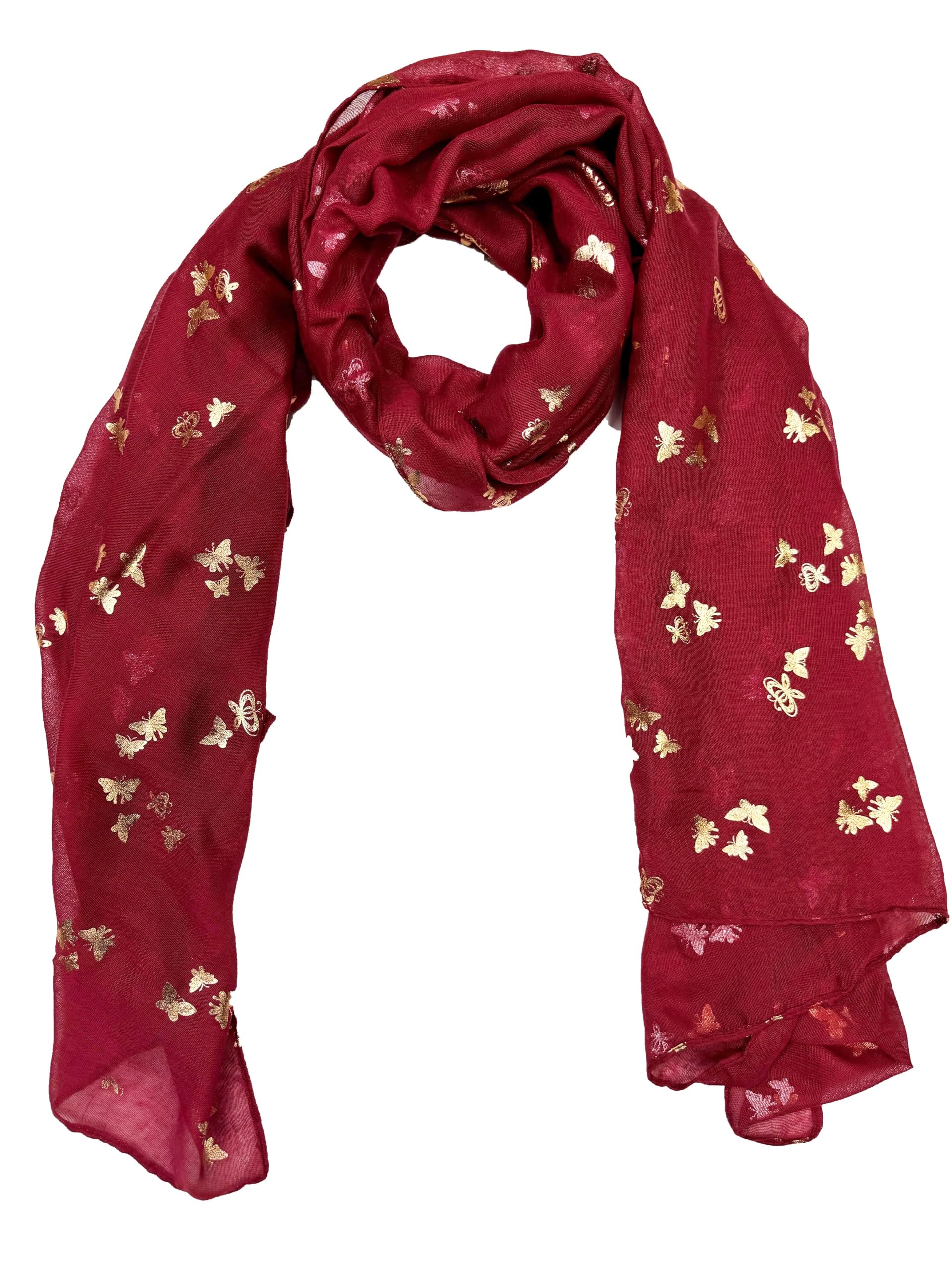 Zac's Alter Ego Women's Burgundy / Gold Foil Metallic Glitter Tiny Butterflies Print Scarf