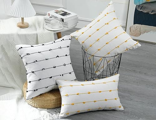 Miniatura 3 de Juego de 2 fundas de almohada bohemias de 22 x 22 pulgadas, color beige amarillo neutro con flecos decorativos y flecos, fundas de cojín modernas