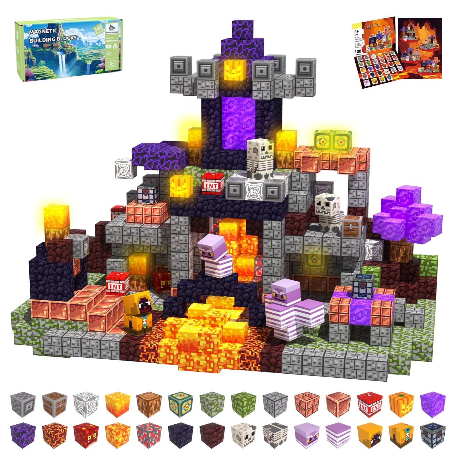 CraftyNest Magnetic Blocks, 100PCS Magnetic Building Blocks Light Up, Stacking Magnets for Kids, Sensory Toy for STEM Constructions Magnet Blocks for Boys Girls 3 4 5 6 7 8-12 Birthday Gifts
