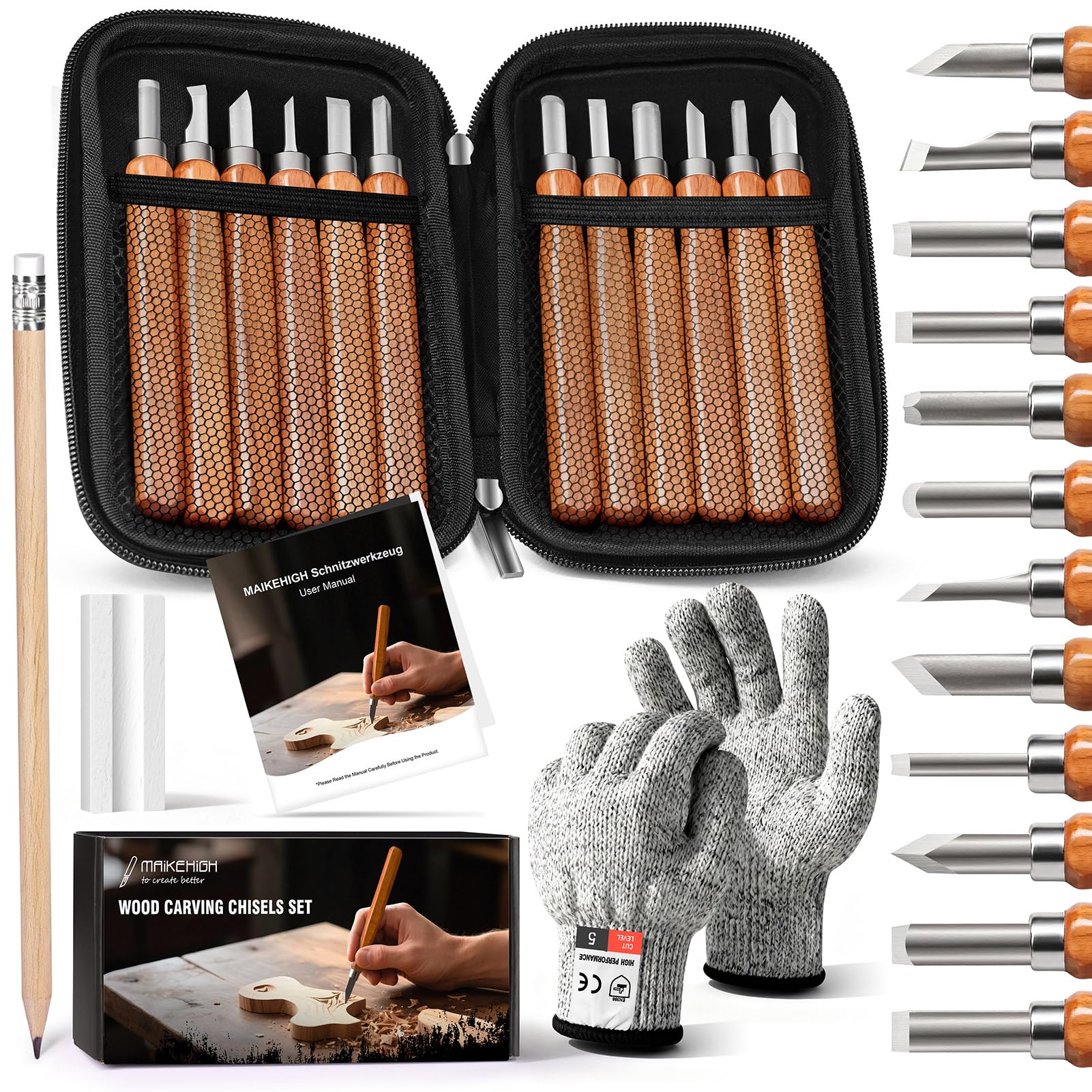 MAIKEHIGH 16Pcs Kit de Tallado de Madera, Gubias Para Tallar Madera Para Principiantes Profesionales Bricolaje con Guantes Resistentes Cortes