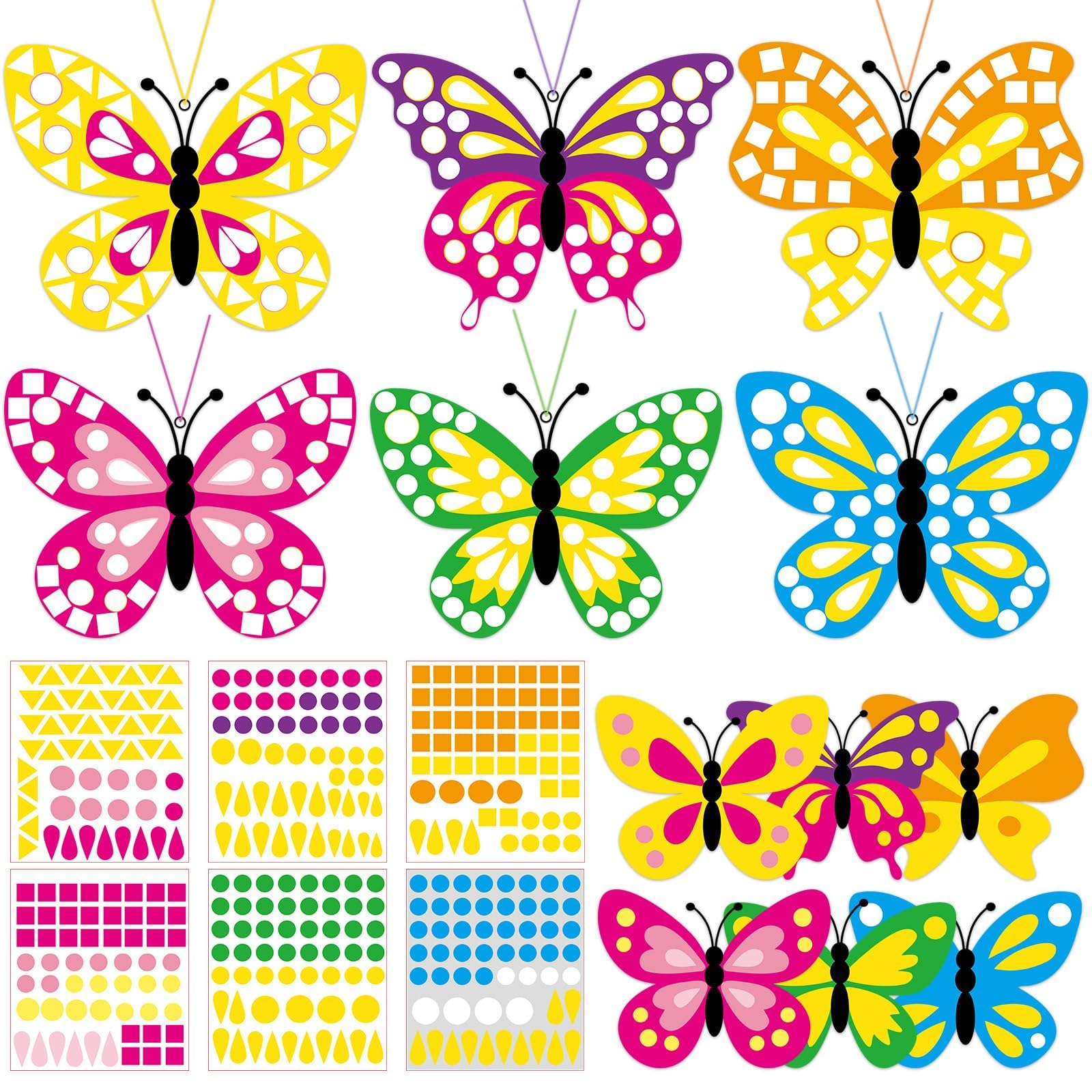 QOUBAI 30 Sets Spring Butterfly Craft Kid Large Mosaic Sticker 6 Design Make Your Own Butterfly Insect DIY Paper Arts Crafts Bulk Summer Nature Birthday Party Decoration School Classroom Activity Game