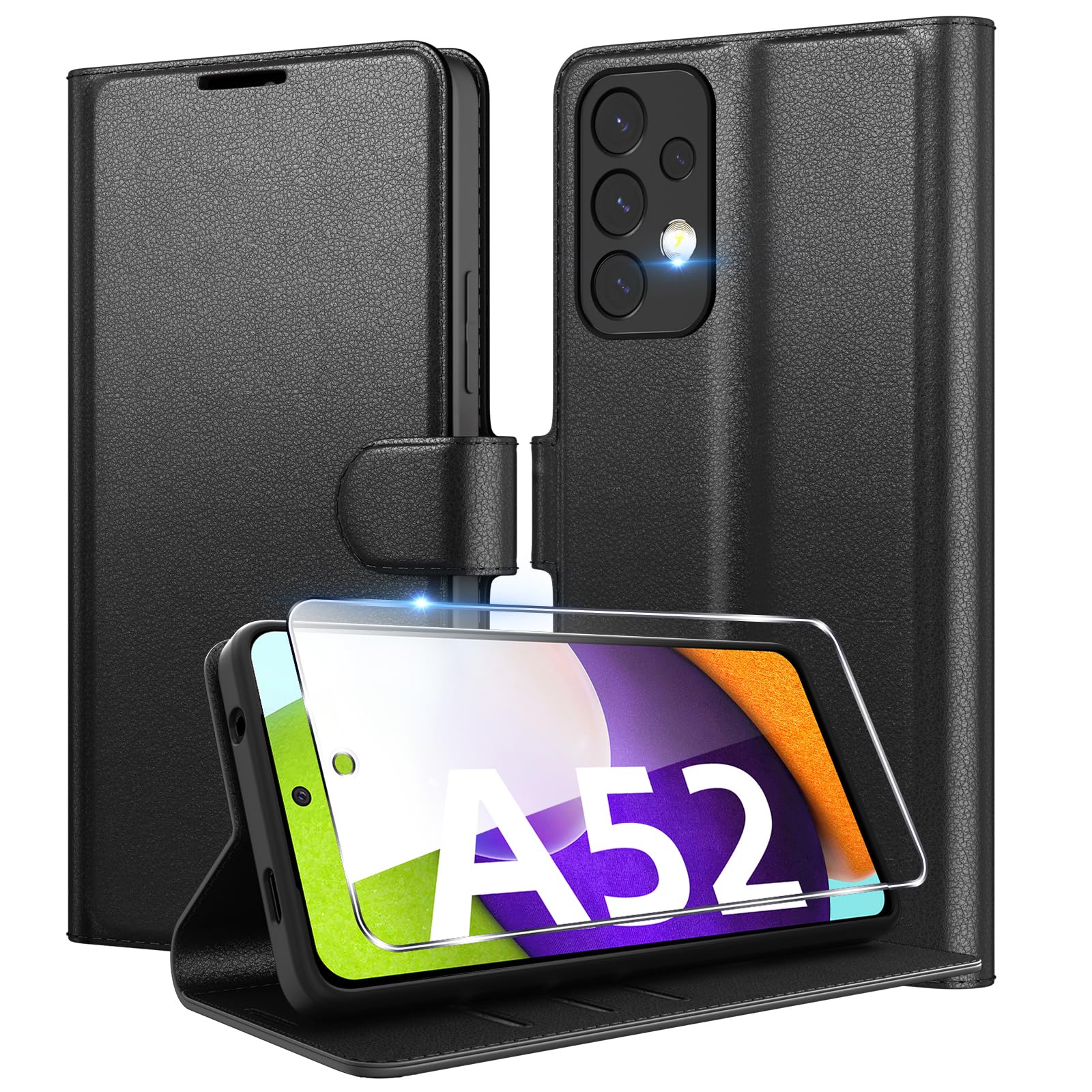 Eirltiy Cover per Samsung Galaxy A52 4G/5G / A52s 5G Portafoglio Pelle PU Premium, Custodia Scomparti Carte Antiurto Protettiva Case con 1 Vetro Temperato, Nero