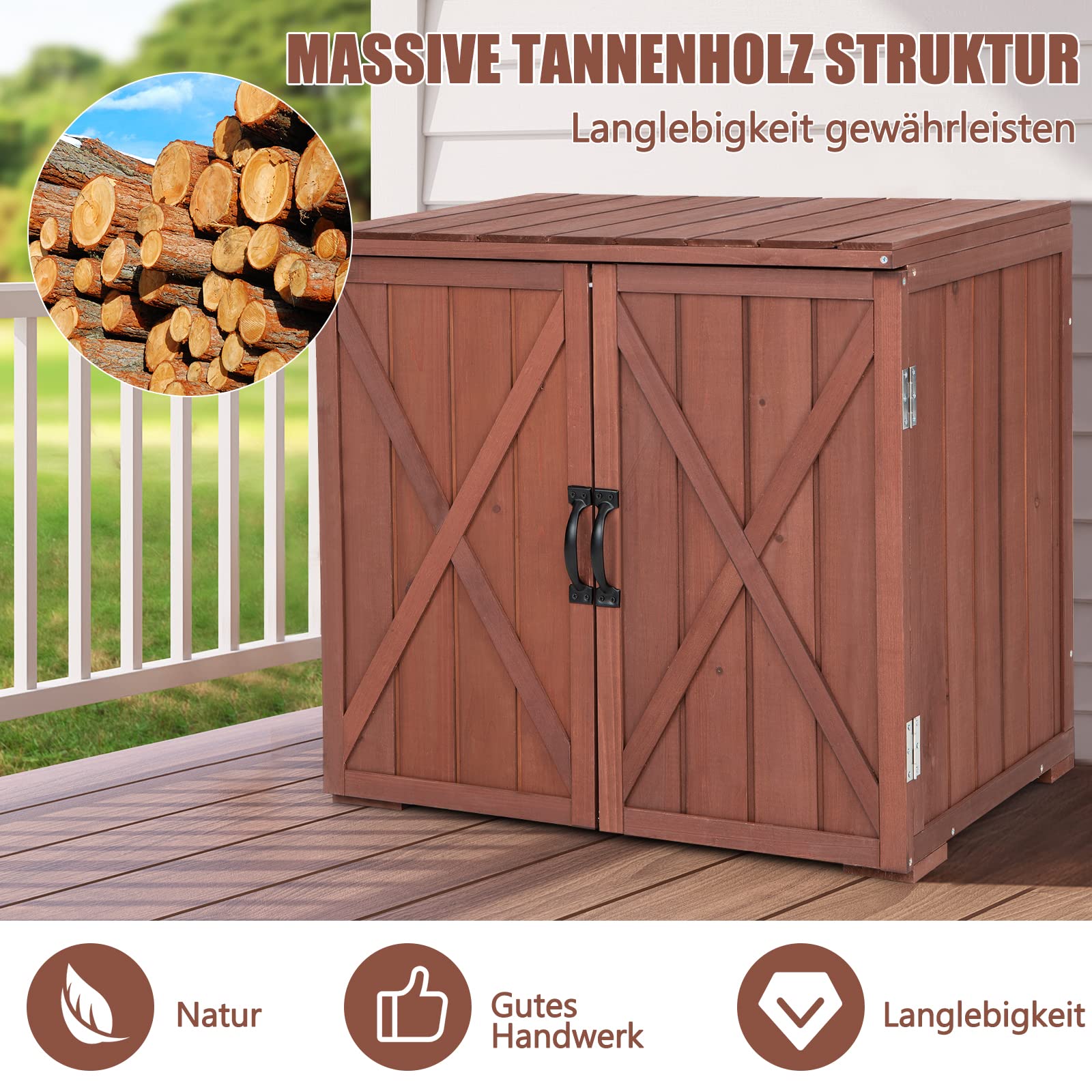GOPLUS Drewniana szafka ogrodowa, szafka magazynowa z uchwytami, szafka na narzędzia, szopa, mała szafka do ogrodu i na podwórko, 77 x 56 x 72 cm, brązowa