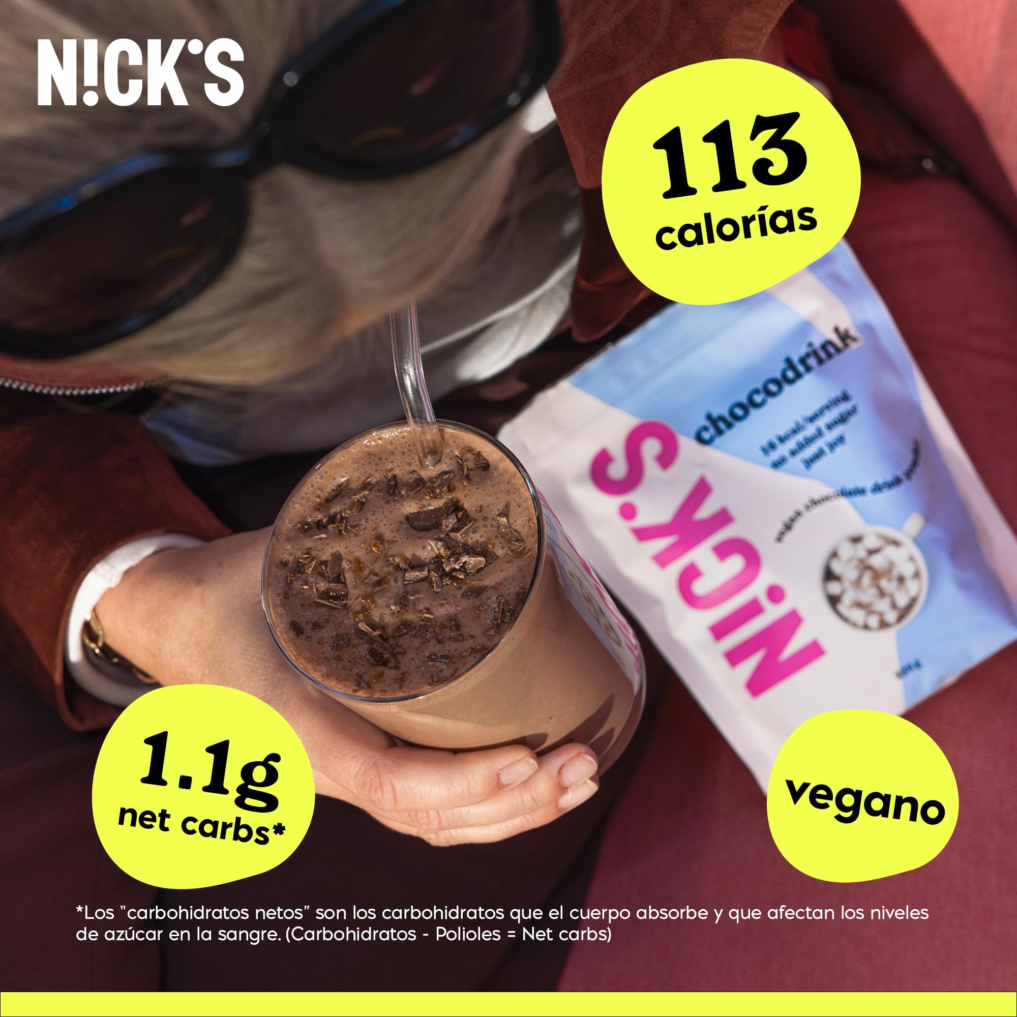 NICKS Chocolate drink Chocolate caliente sin azúcar añadido, chocolate en polvo con cacao para beber, keto, vegano, sin gluten (2x250g)