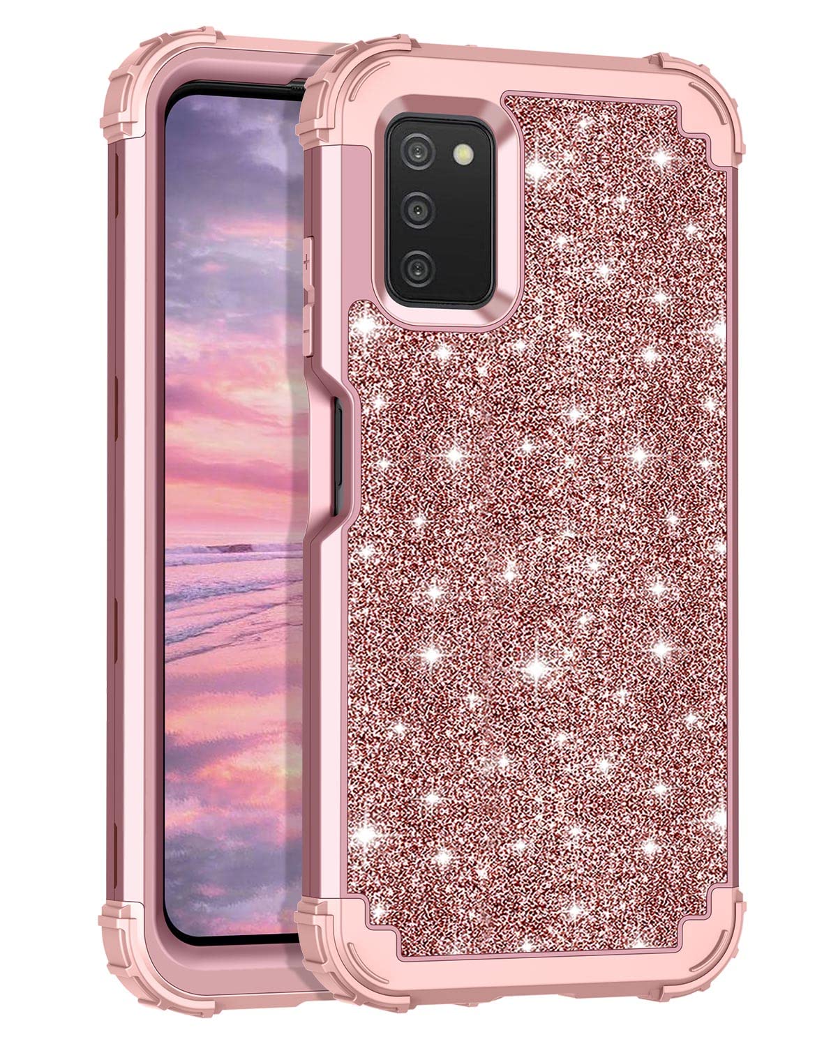 LONTECTfor Galaxy A03S Case Floral Shockproof Rugged Heavy Duty 3 in 1 Hybrid Sturdy High Impact Protective Cover Glitter Sparkle Bling Case for Samsung Galaxy A03S 6.5 inch,Shiny Rose Gold