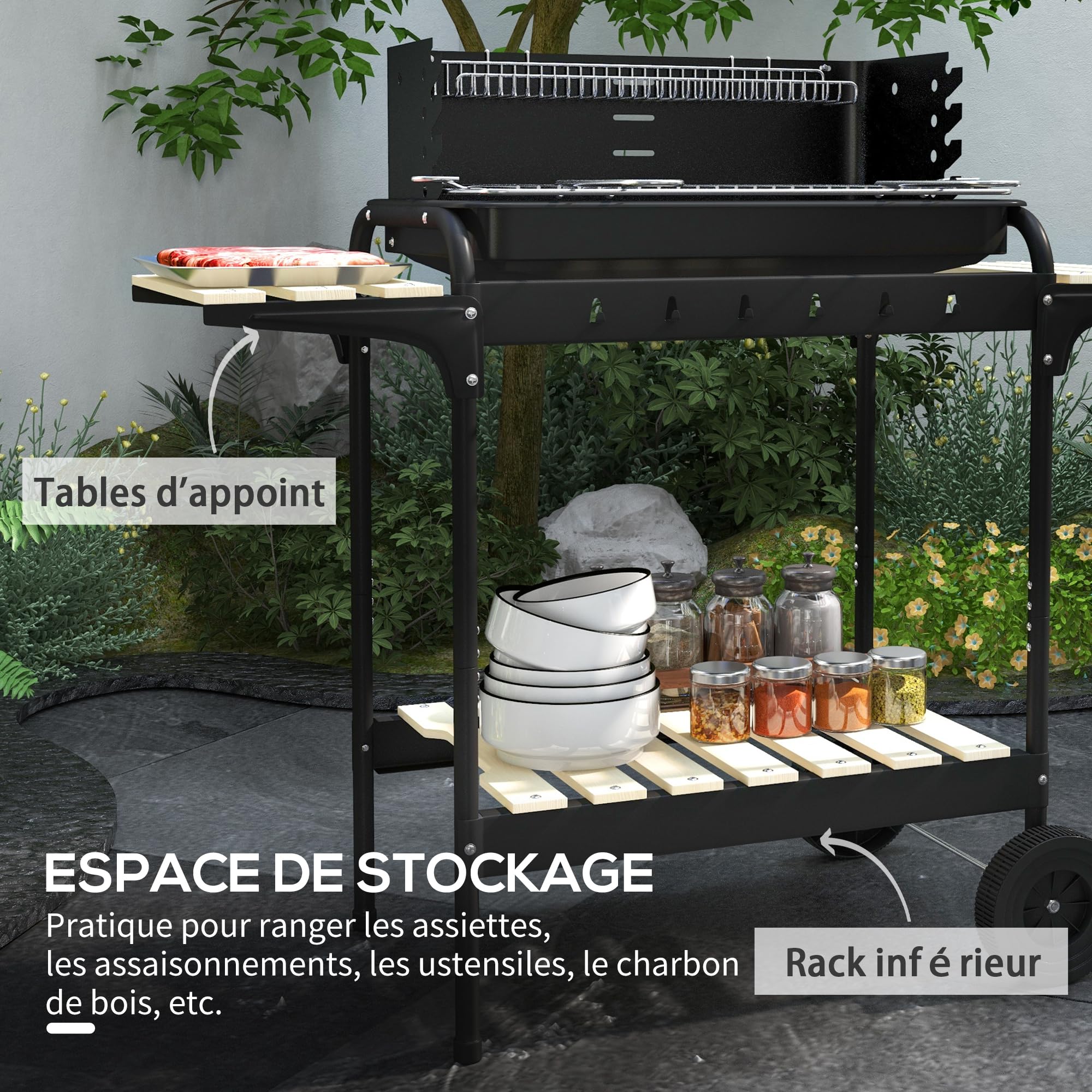 Outsunny Barbecue à Charbon BBQ Grill sur Pied avec Gril Réglable 2 Roues et 3 Étagères Récupérateur de Cendres 103 x 47 x 95 cm Noir