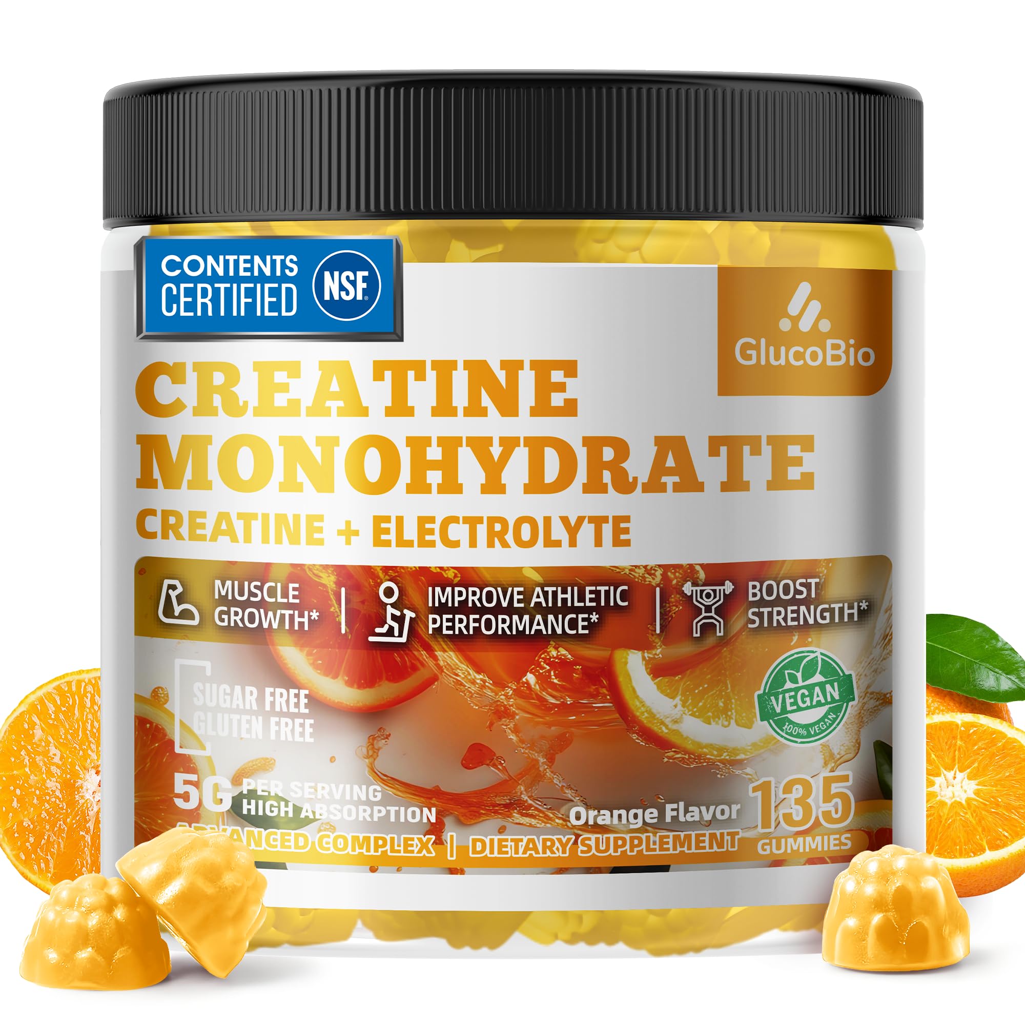 Creatine Monohydrate Gummies 5g Pre-Workout Energy Muscle Growth Support for Men Women Orange Electrolyte Gummies 135 Count