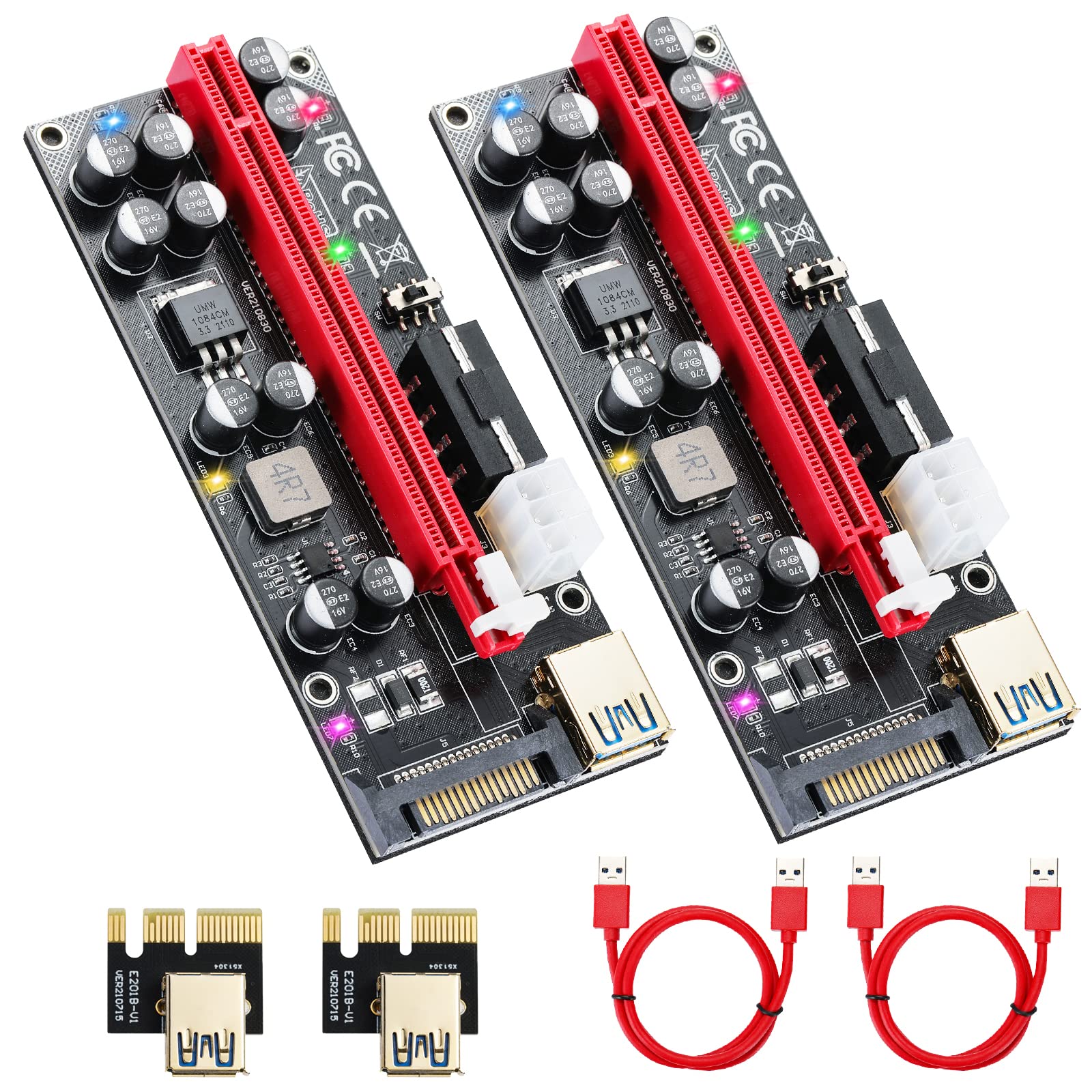 ACTIMED PCIE Riser 1X to 16X GPU Riser (6PIN/MOLEX/SATA Powered) 10 Capacitors, PCI Express Risers Adapter Card for BTC/ETH/GPU Mining Rigs, with 60cm USB 3.0 Cable and LGB-7 Color Lights, 6 Pack