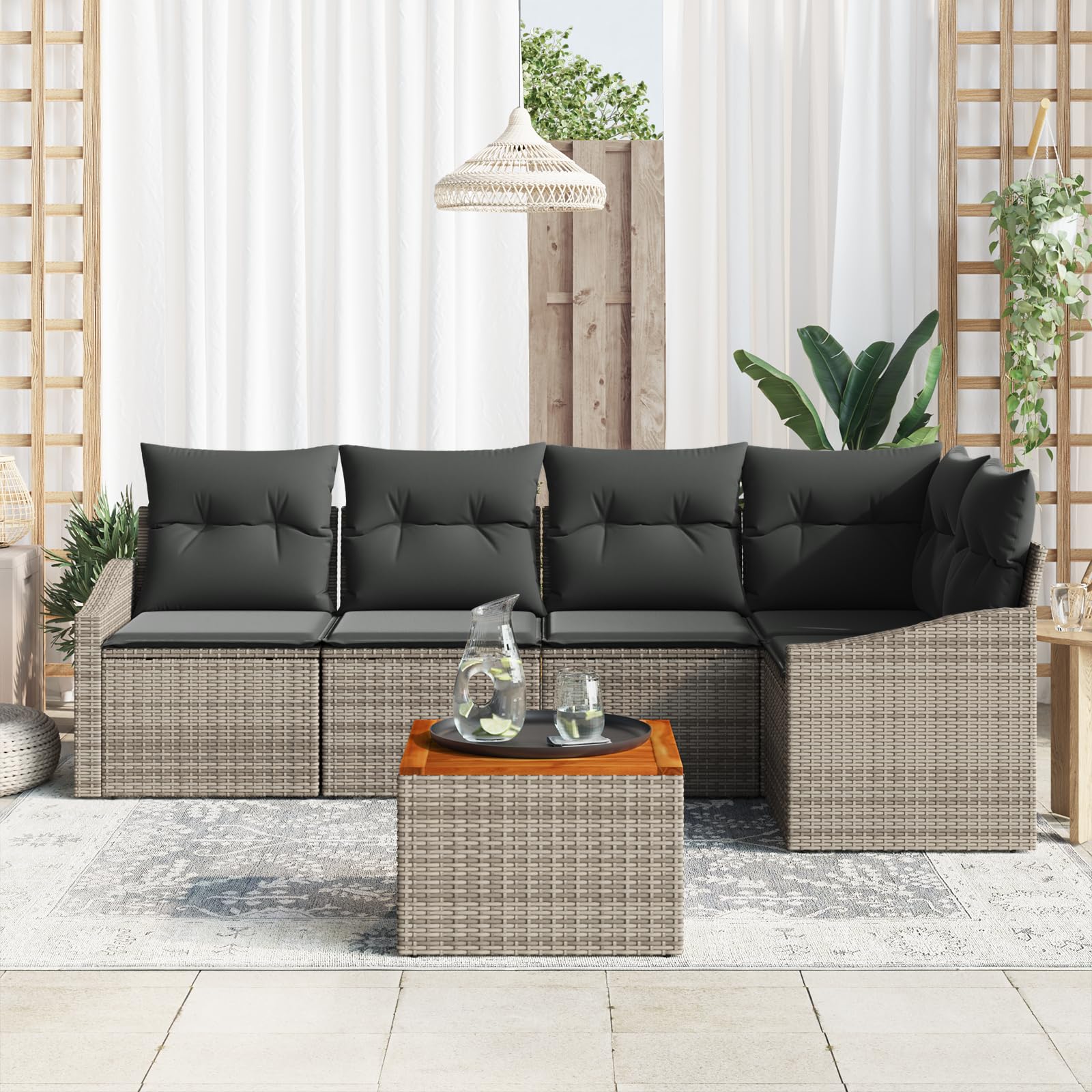 Juego de 6 sofás de jardín con cojín gris de polirratán de acacia para exteriores, juego de muebles de jardín, resistente a la intemperie