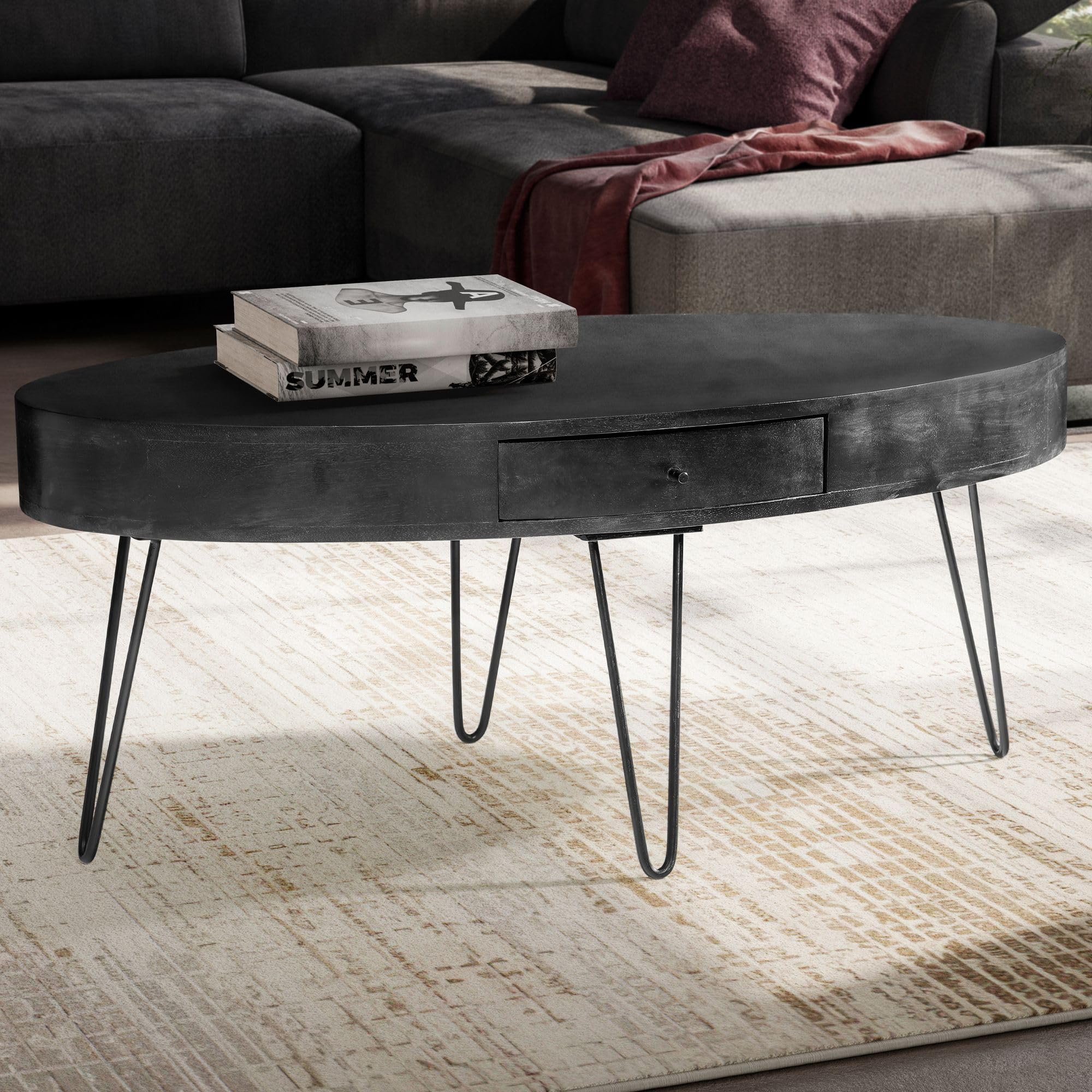 FineBuy Stolik Kawowy Owalny 100x50x40 cm Lite Drewno Mango Czarny | stolik do salonu z szufladą i hairpin nogach, stolik pod sofę z prawdziwego drewna, ręcznie wykonany unikat