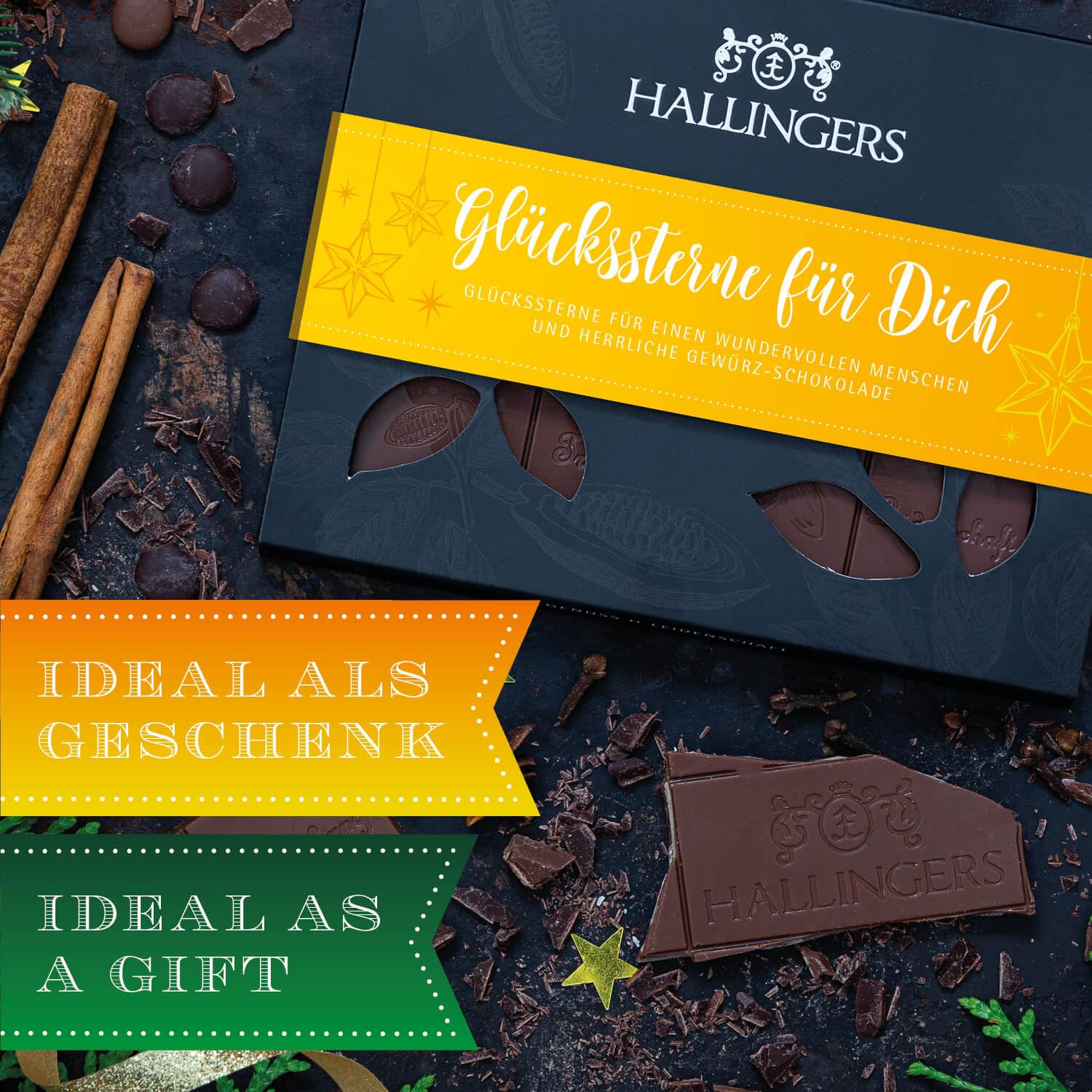 Hallingers Genuss Manufaktur Schokolade Weihnachts-Geschenk - Tafel Edelkakao handgeschöpft ohne Alkohol edler Karton 10x "Glückssterne fü..." Xmas-Gewürze, Weihnachten für Frauen Männer