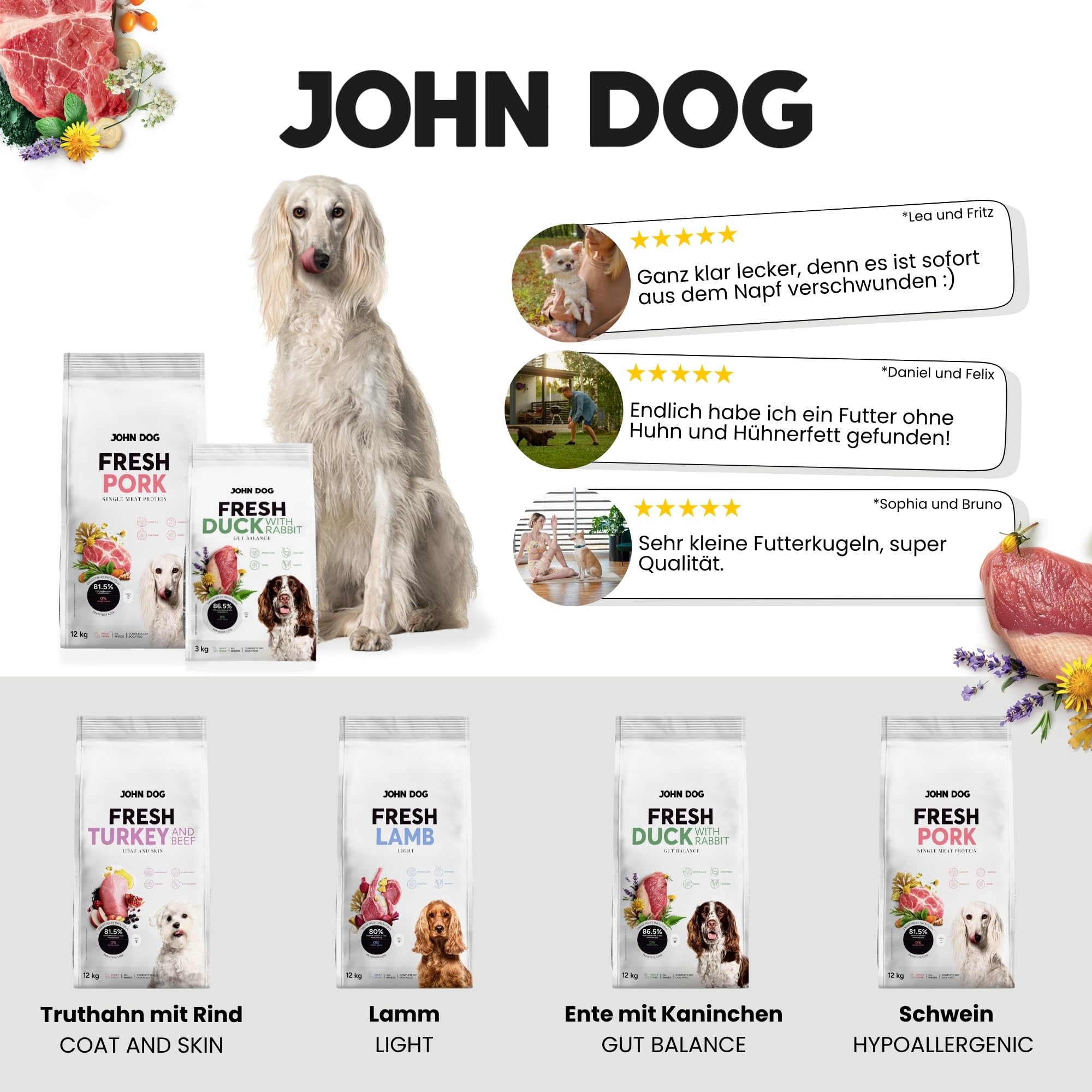 JOHN DOG Premium Trockenfutter für Hunde Fresh - Hundefutter trocken getreidefrei mit 86% Fleischanteil - Hundetrockenfutter mit Ente & Kaninchen - natürliche Zutaten - für ausgewachsene Hunde 12kg
