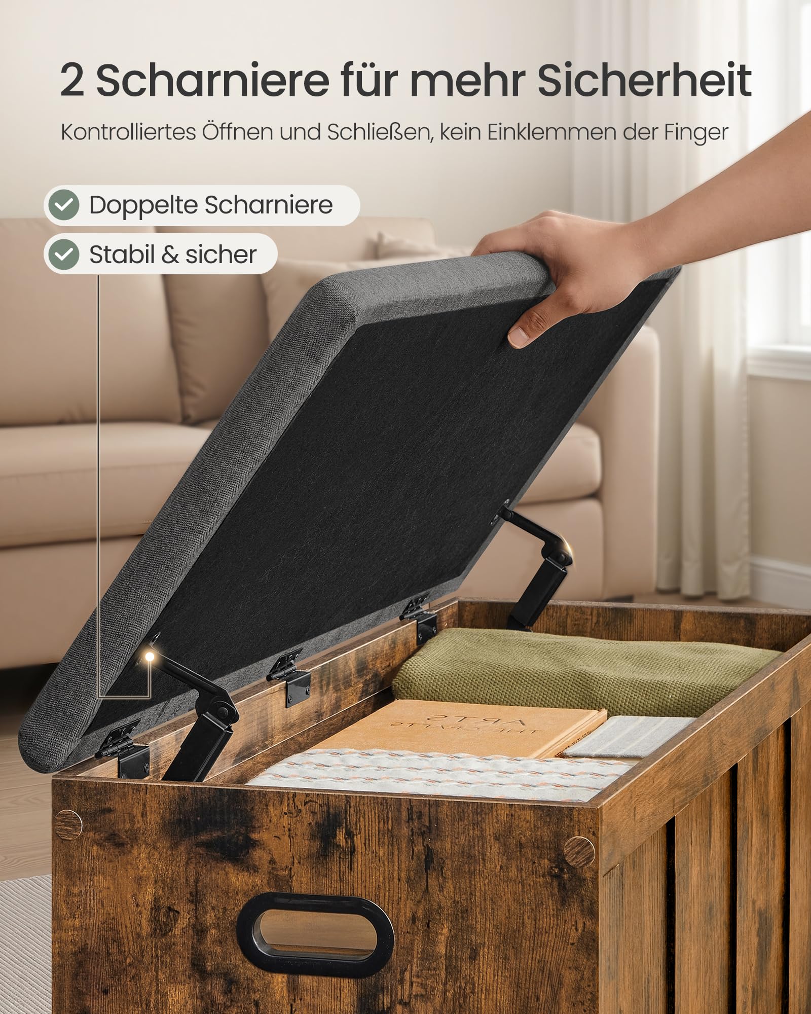 VASAGLE Truhe mit Deckel, Truhenbank mit Stauraum, 2 Sicherheitsscharniere, Schuhbank, Landhausstil, für Flur, Schlafzimmer, Wohnzimmer, 41 x 101 x 49 cm, vintagebraun-schiefergrau LSB068K101