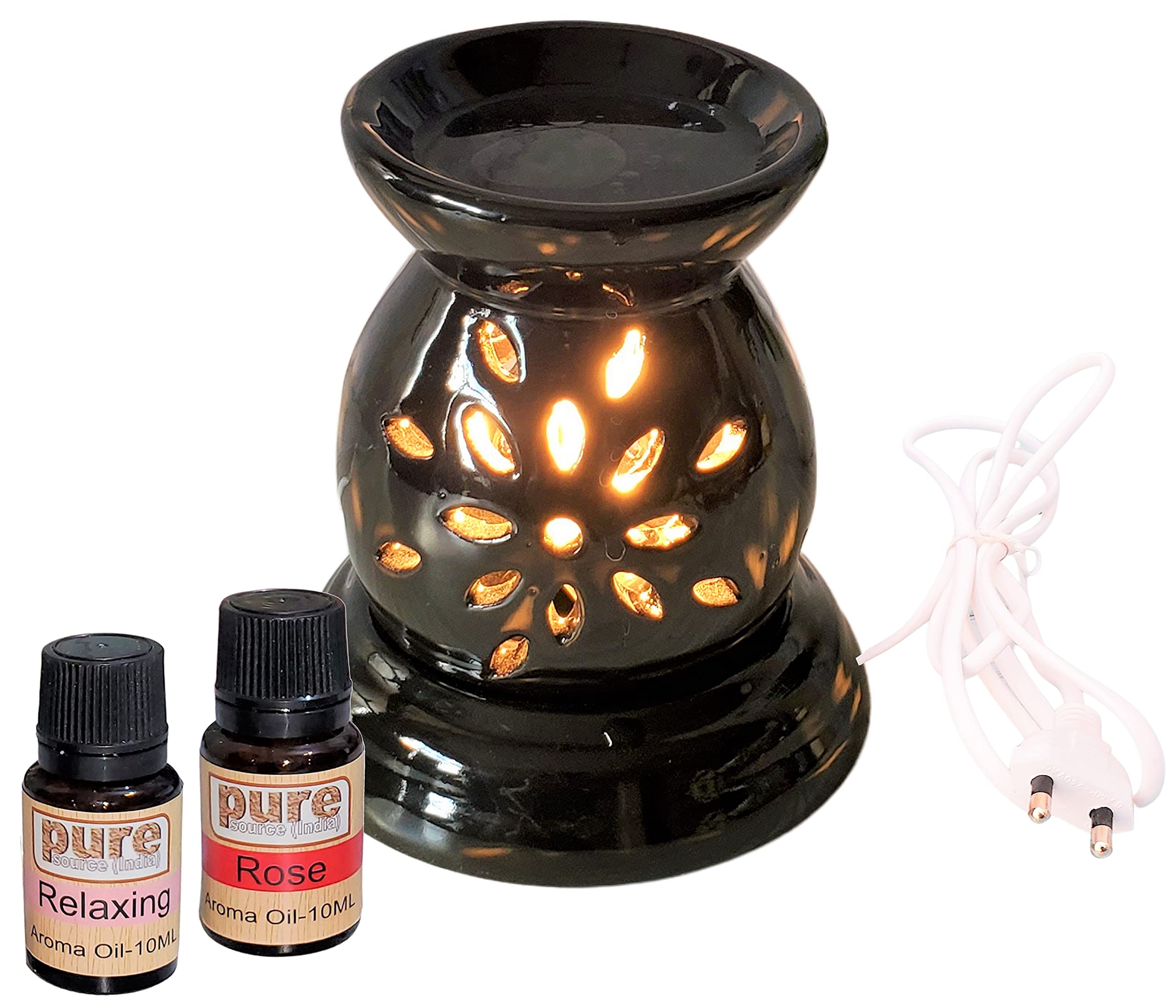 Pure Source India Ceramic Electric Aroma Diffuser Matka Shape Burner with Bulb (Black - with 10 ml Rose and Relaxing Aroma Oil)