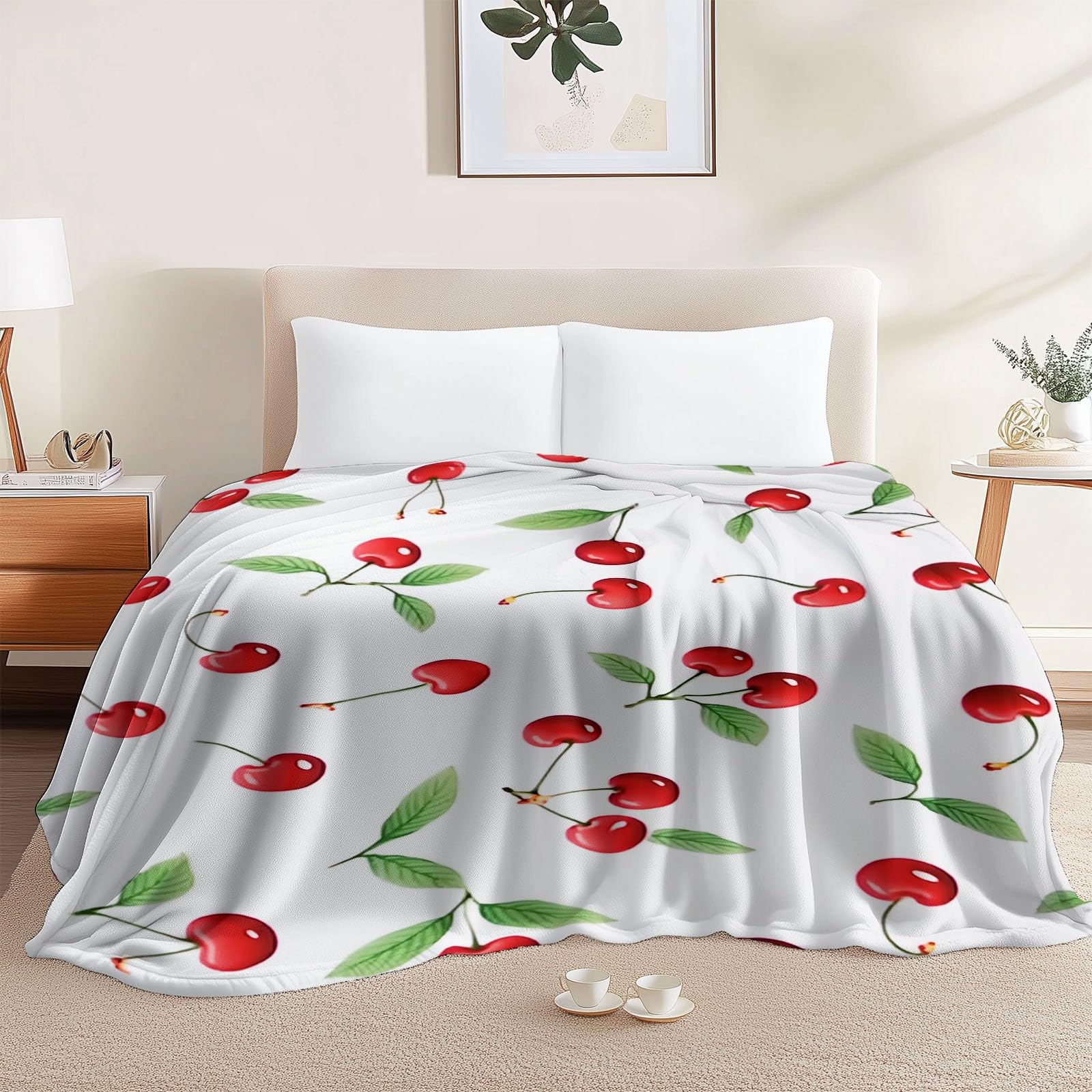 Couverture en flanelle motif feuilles vertes et cerises de style dessin animé pour canapé 220x240cm