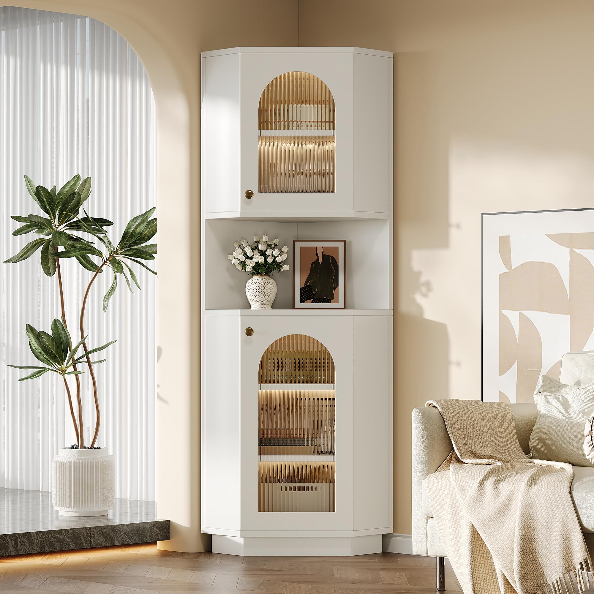 Armario esquinero con barra de luz, mueble de baño, 2 estantes, compartimento abierto, estantes ajustables, 45 x 45 x 166,5 cm, color blanco