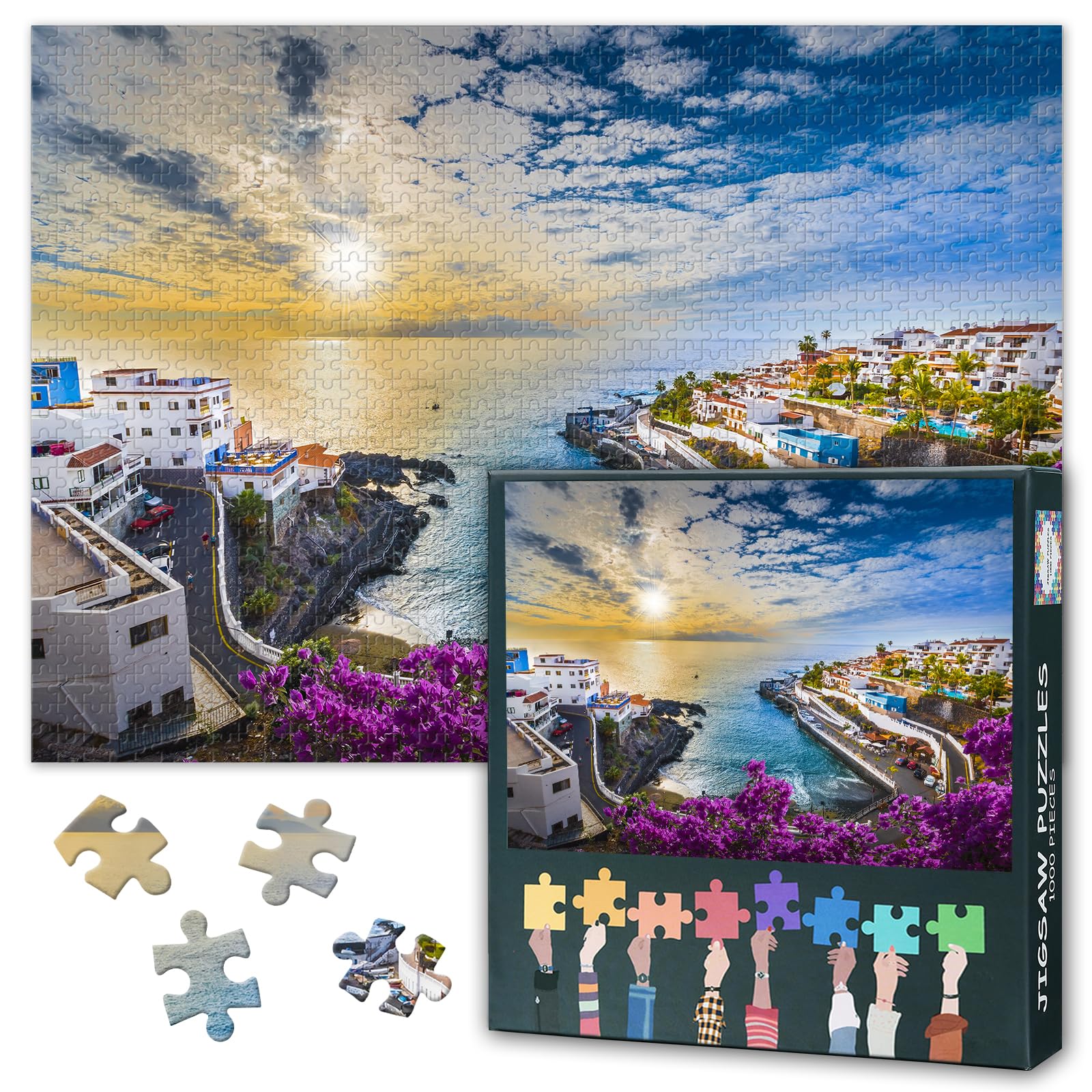1000 Pieces Puzzles for Adults European Coastal Towns Paintings Hard Difficult Challenging Ocean Sunset Jigsaw Puzzles Games for Adults 50x70 cm
