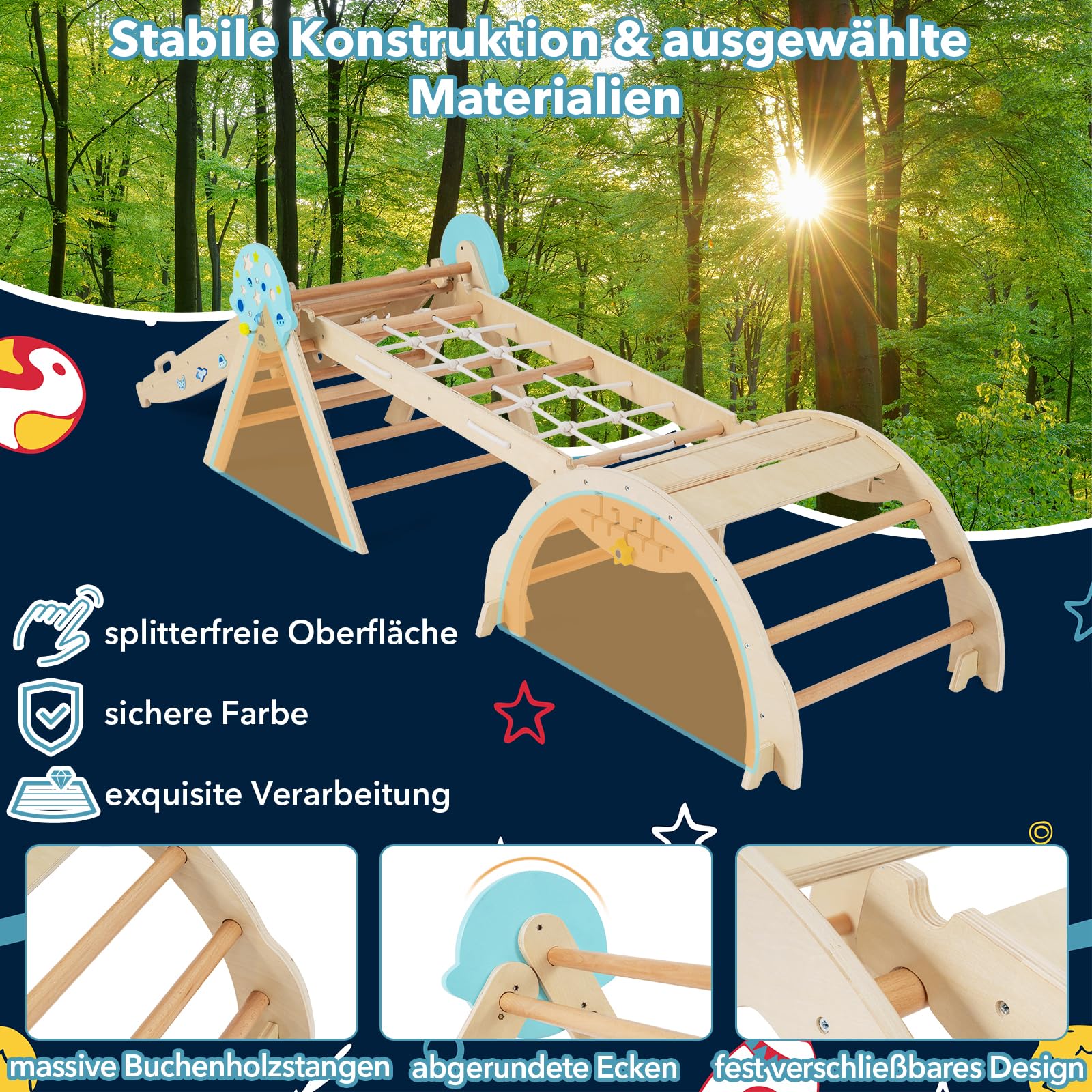 DREAMADE 9-in-1 Montessori Kletterdreieck Set mit Rutsche, Kletterbogen aus Holz mit Netz für Kleinkinder ab 1 Jahre, Kletterspielzeug, Indoor Klettergerüst für Kinderzimmer (Natur,Astronaut-4er Set)