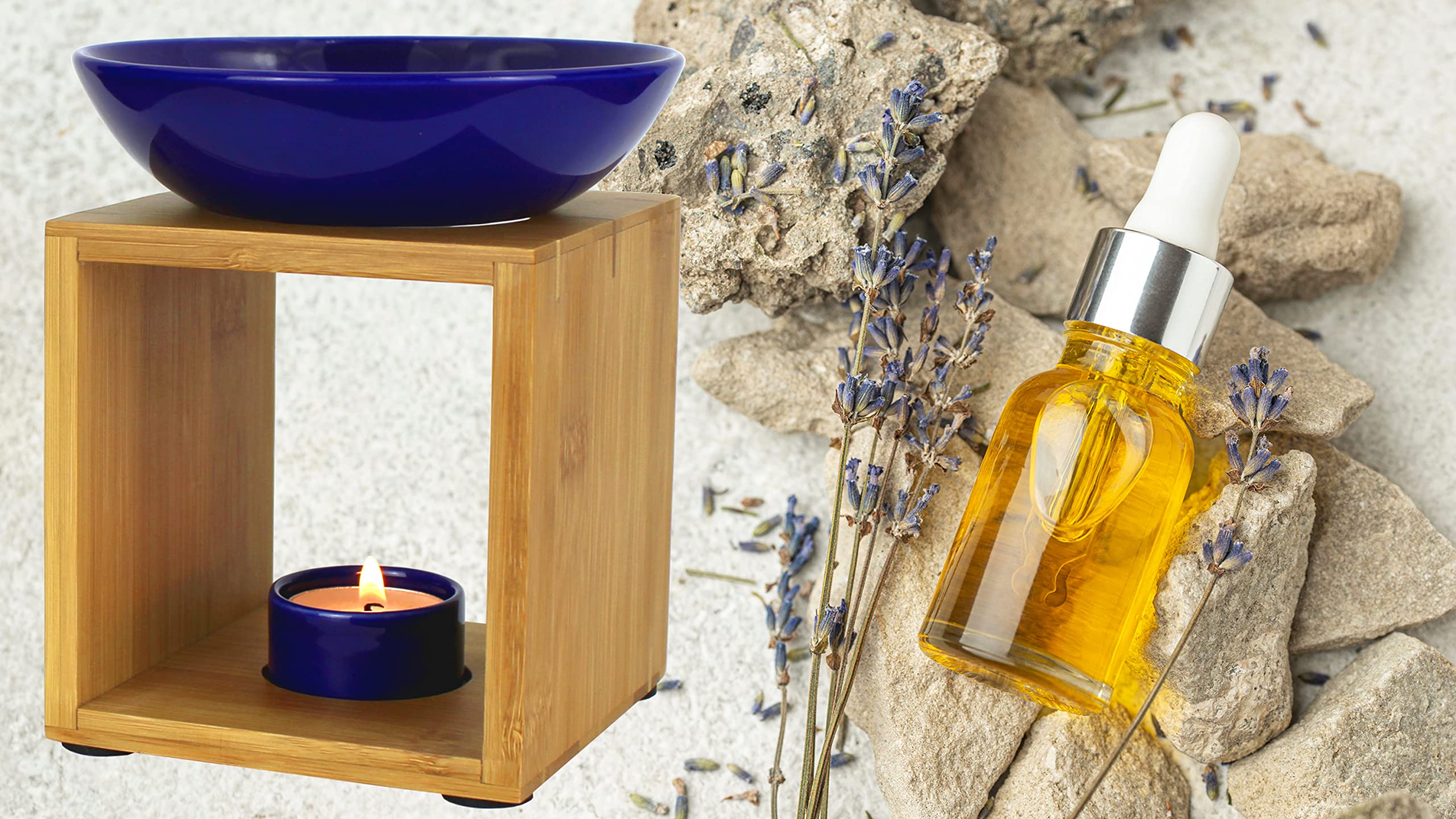 Bitto Duftlampe Malmö Blau mit Kerze, große Schale, Fair Trade, Aromalampe aus Bambusholz und Keramik