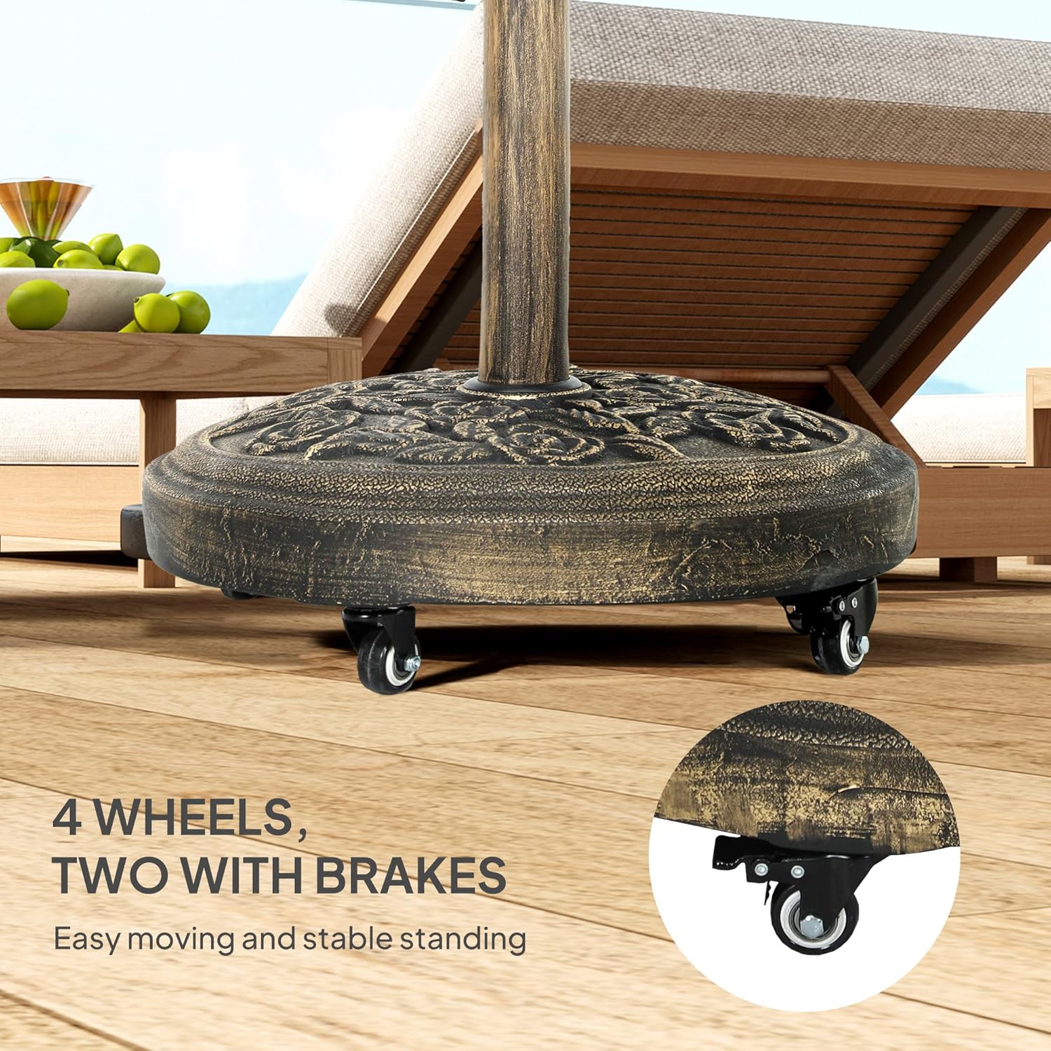 Outsunny Round Patio Umbrella Base, 46 lbs Resin Umbrella Base with Wheels, Outdoor Umbrella Stand for 1.3"/1.5"/1.9" Umbrella Poles for Outdoor, Lawn, Poolside, Bronze