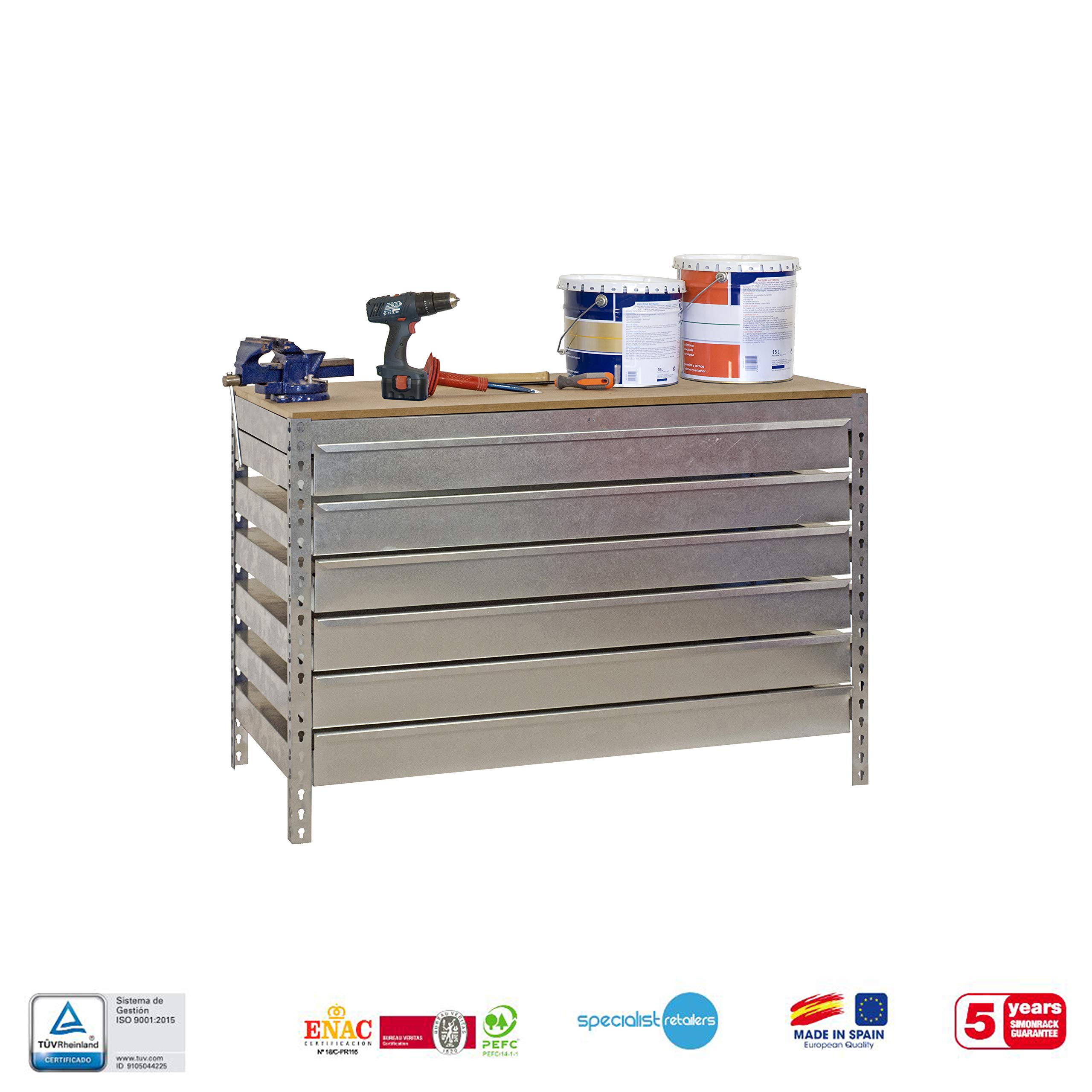 Simon Rack Banco de Trabajo Taller, Capacidad Carga 600 kg, 842x1510x760 mm, Mesa de Trabajo, 6 Cajones, Galva/Madera - BT5