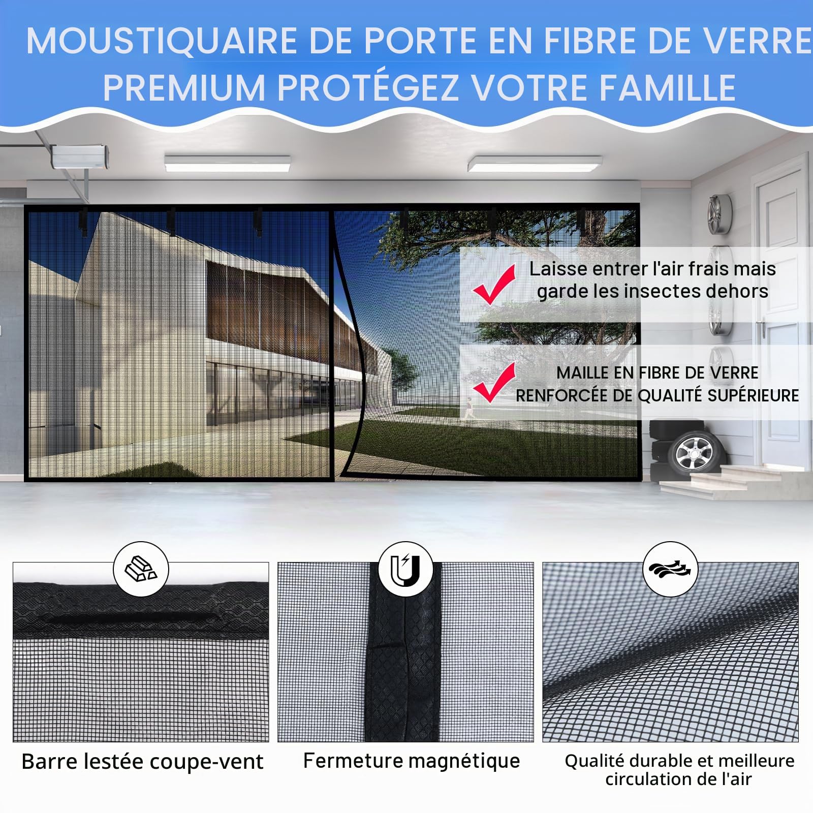 Moustiquaire de porte de garage pour 1 voiture – 2,7 x 2,4 m – Moustiquaire magnétique avec maille en fibre de verre rétractable et fond lourd, montage facile et passage, kit de porte à moustiquaire à