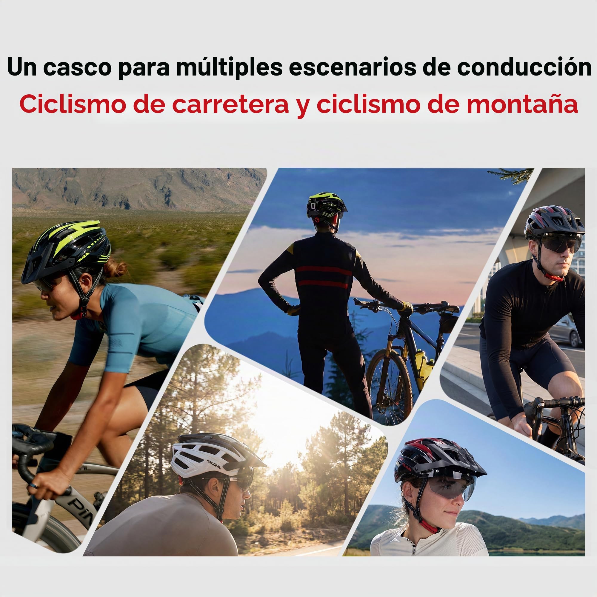 RLQA Casco Bicicleta Adulto – Casco MTB y Bici con Visera Magnética Desmontable y Gafas, 24 Orificios de Ventilación, Luz Trasera LED y Talla Ajustable