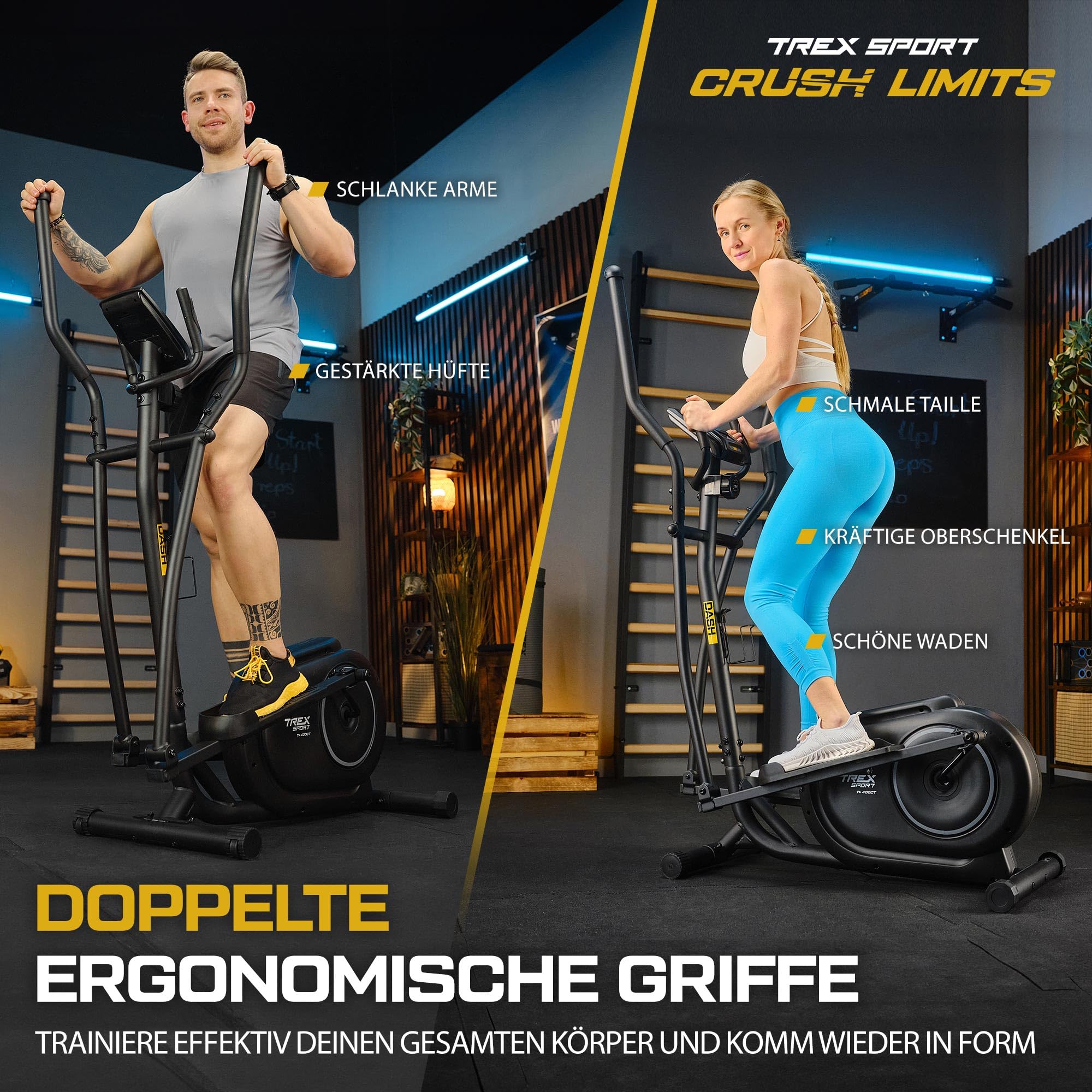 TREX SPORT Crosstrainer für zuhause TX-400CT Dash | Ellipsentrainer mit 10-stufigen Widerstand, Pulssensoren, Display, Tablet-Halterung | leise, bis 120kg
