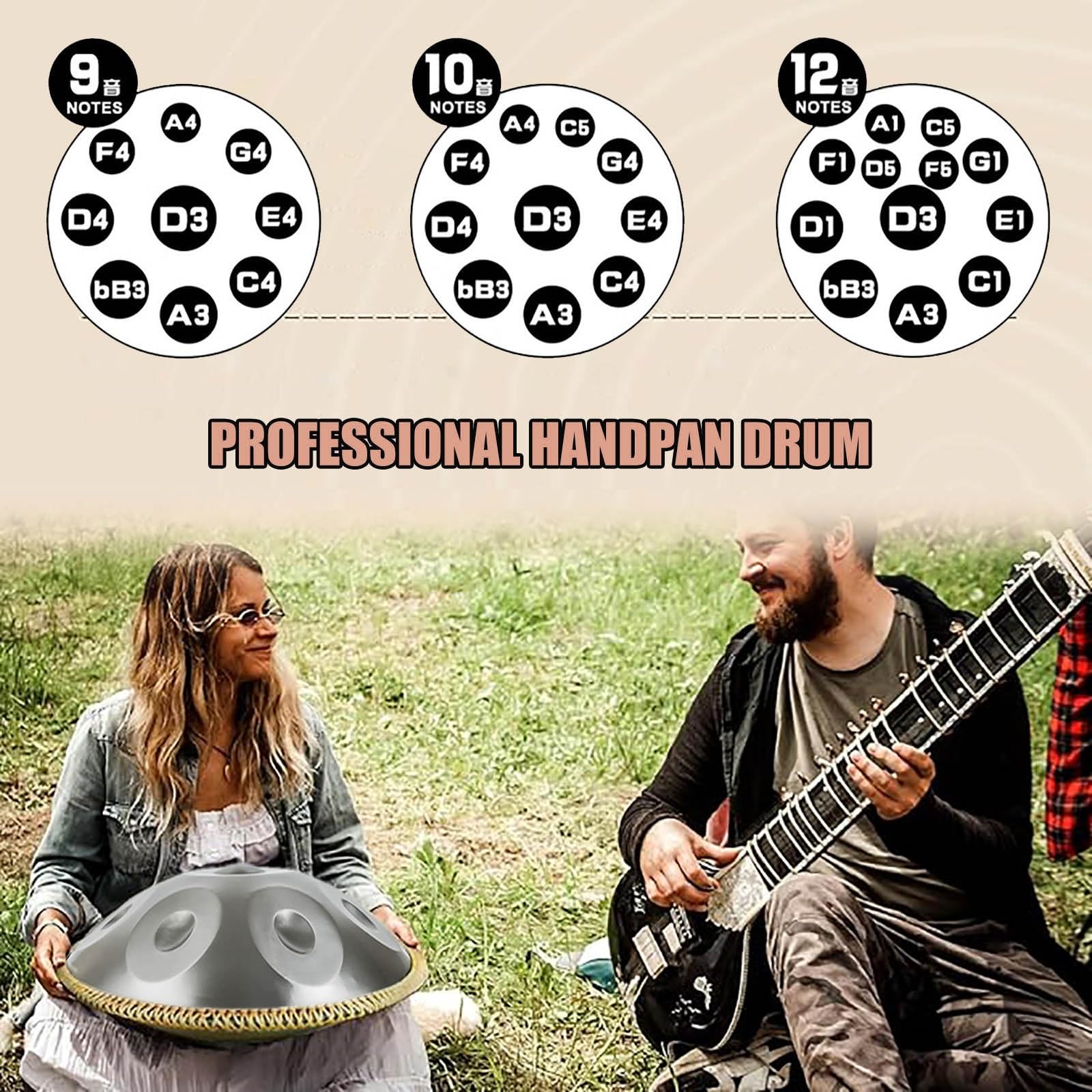 Handpan zestaw perkusyjny 56 cm, 440 Hz, 9/10/12 nut D moll stalowy bęben do medytacji, jogi, z miękką torbą młotkami i stojakiem