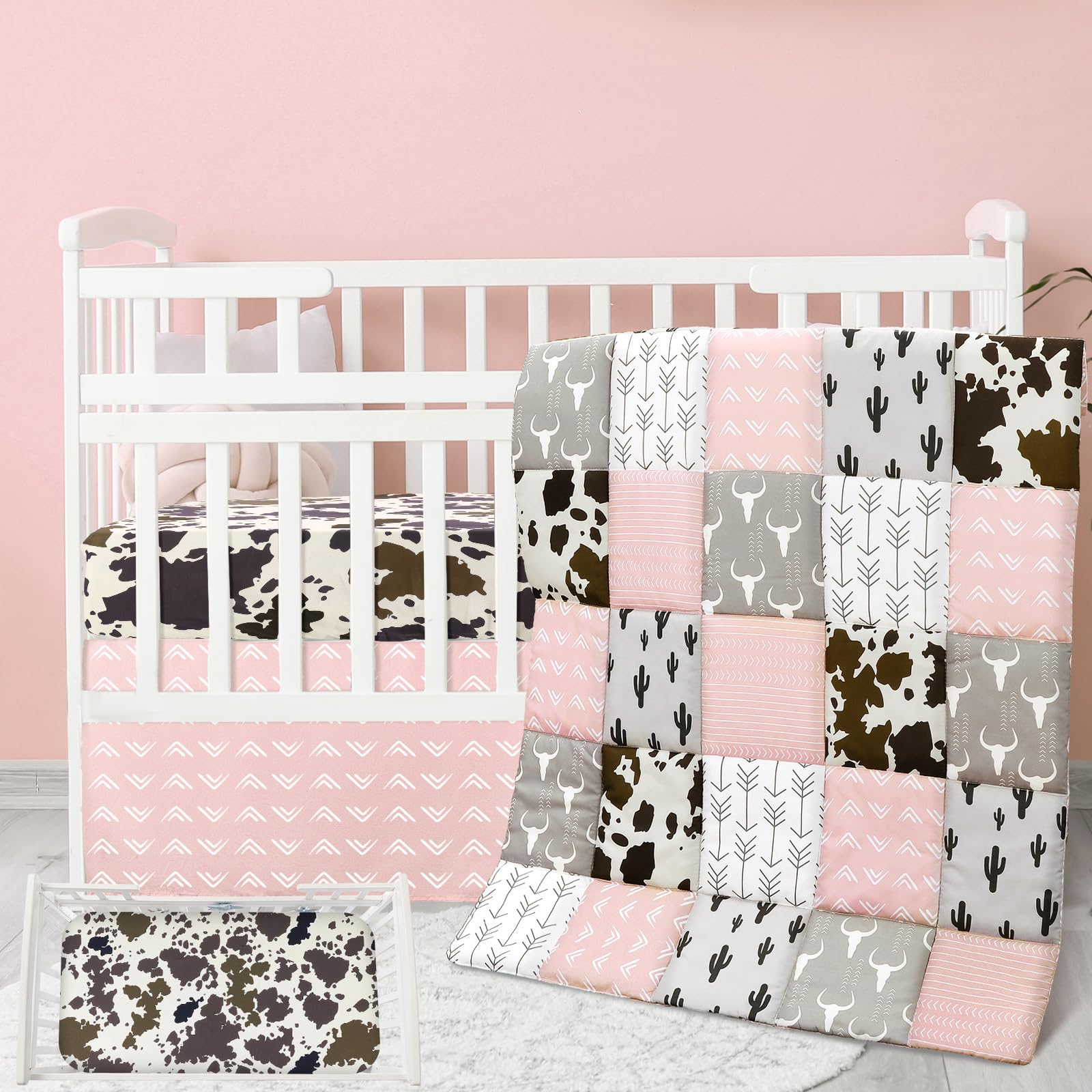 Hahafelt 3-teiliges Patchwork-Bettwäsche-Set für Jungen und Mädchen, Kuh-Kaktus-Druck, Baby-Bettwäsche, Barnyf, Western-Kinderzimmer, Dekoration, weiches Baby-Bettwäsche-Set mit Steppdecke