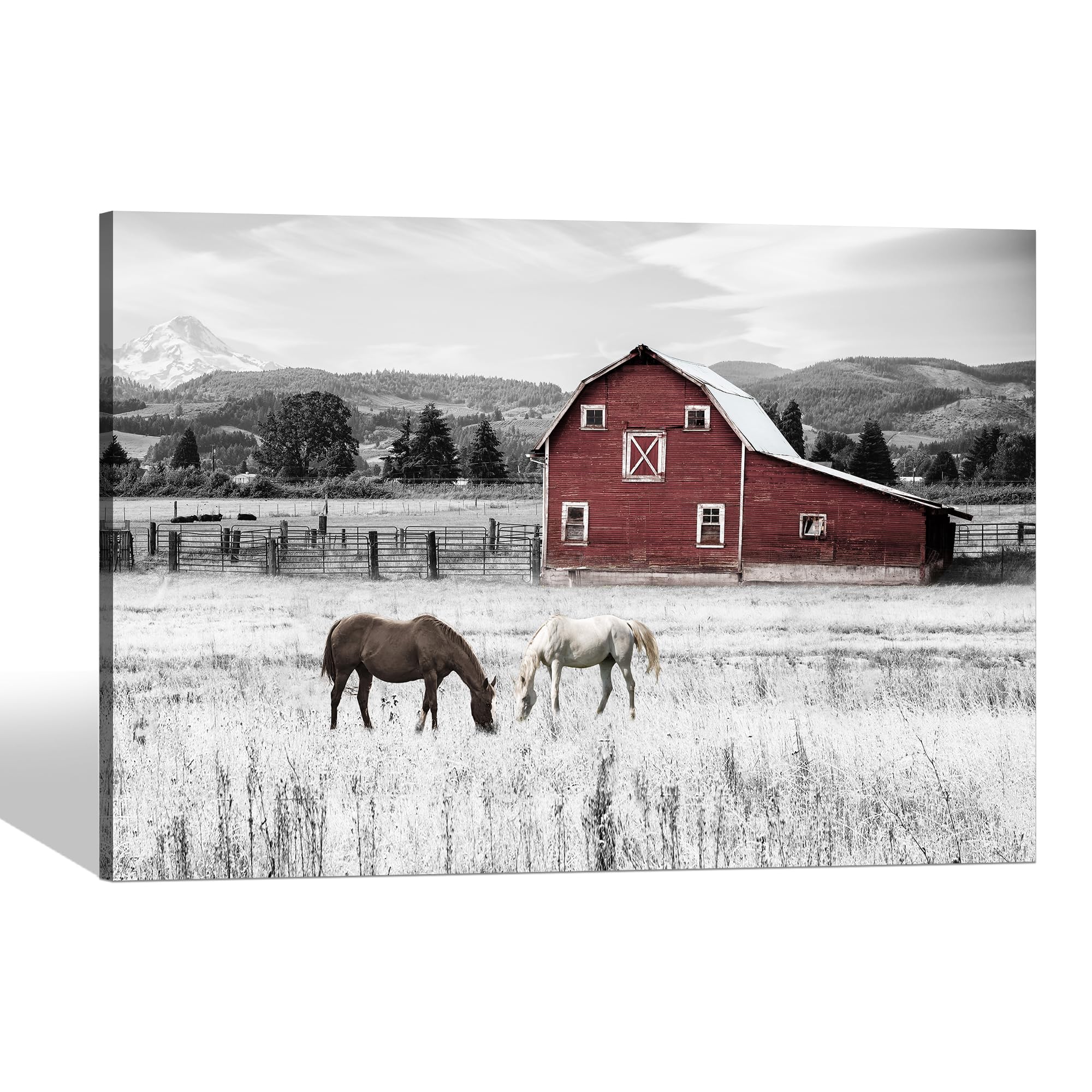 Farmhouse Canvas Wall Art Picture: Farm Scene Artwork Decor Rustic Barn Prints Black and White Country Animal Countryside Rural Painting for Bathroom