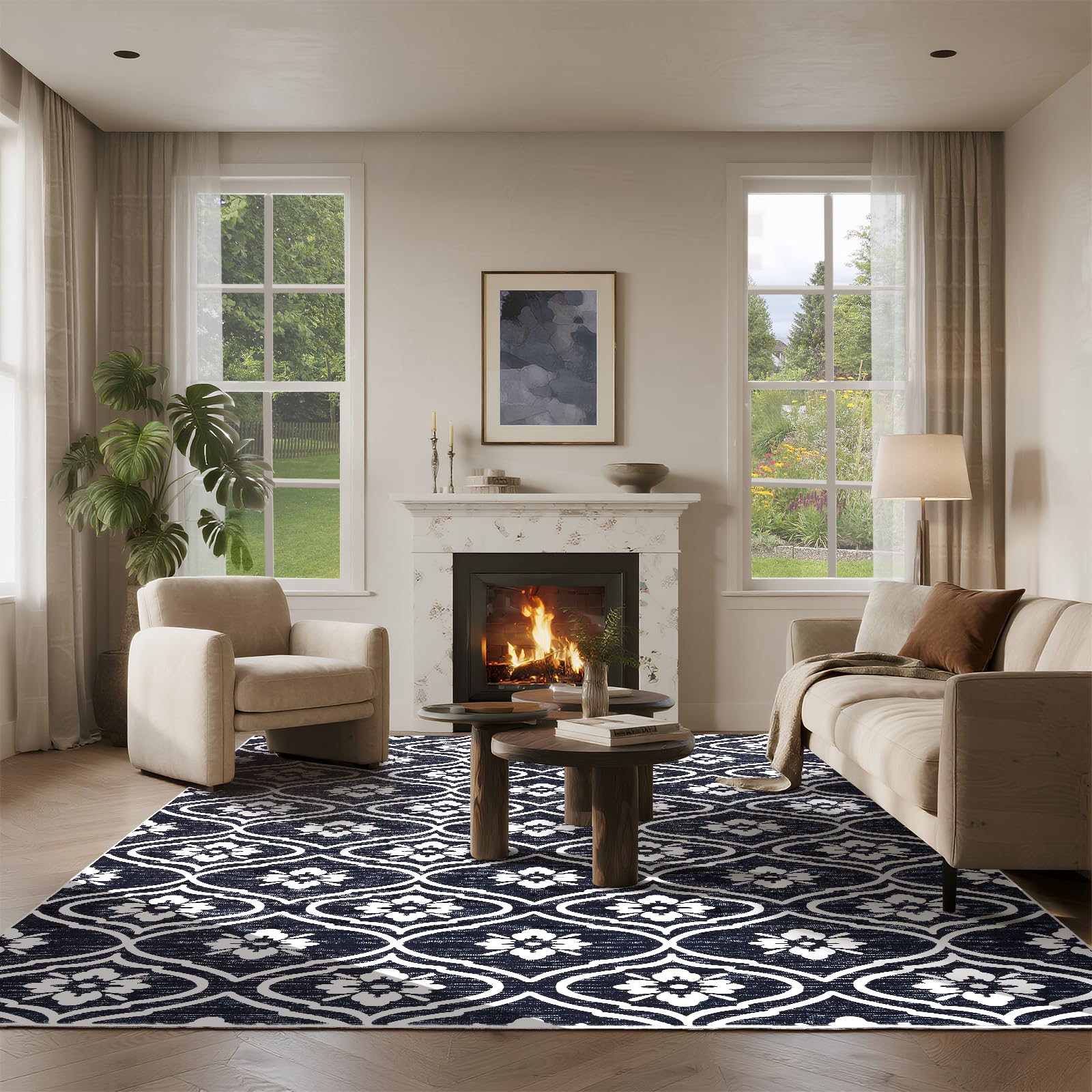 Puremy Teppich Wohnzimmer 160X220cm, Mit Marokkanischem Vintage-Muster, Waschbar, Weich, Ultradünn Und rutschfest, Schmutzabweisend Für Schlafzimmer, Esszimmer, Kinderzimmer, Büro, Schwarz