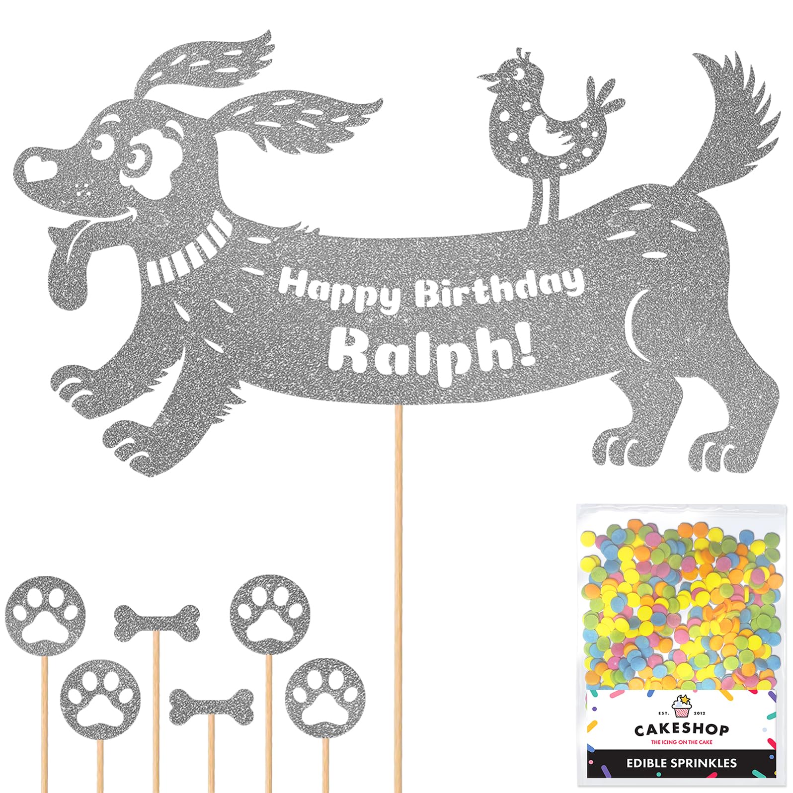 Personalised Birthday Dog Puppy Glitter Cake Topper- Dark Silver Any Name & Age Glitter Cake Decoration and Sprinkles - Happy Birthday Decorations - Personalised Toppers for Cakes by Cakeshop