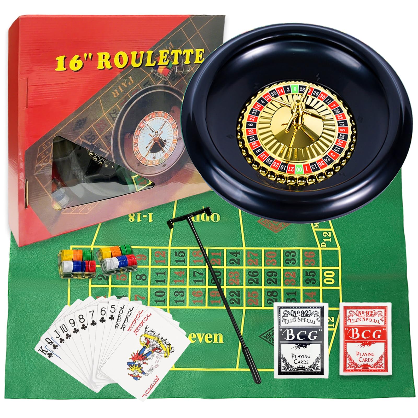 IIDEA 16 Inch Professional Roulette Wheel Set Gambling Wheel with 120 Chips,2 Decks of Cards,Reversible Game Table Mat, Rake and Balls,Casino Games Suitable for Roulette and Texas Hold'em