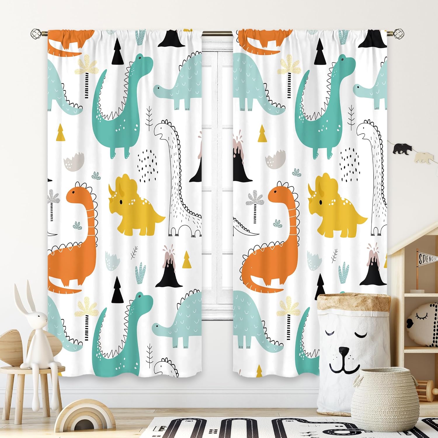 Cinbloo Kids Dinosaur Curtains 42Wx63L Inch Rod Pocket Cartoon Dino Baby Boys Bedroom Decor Nursery Children Cute Navy Blue Safari Animal Art Printed Living Room Playroom Window Drapes Fabric 2 Panel