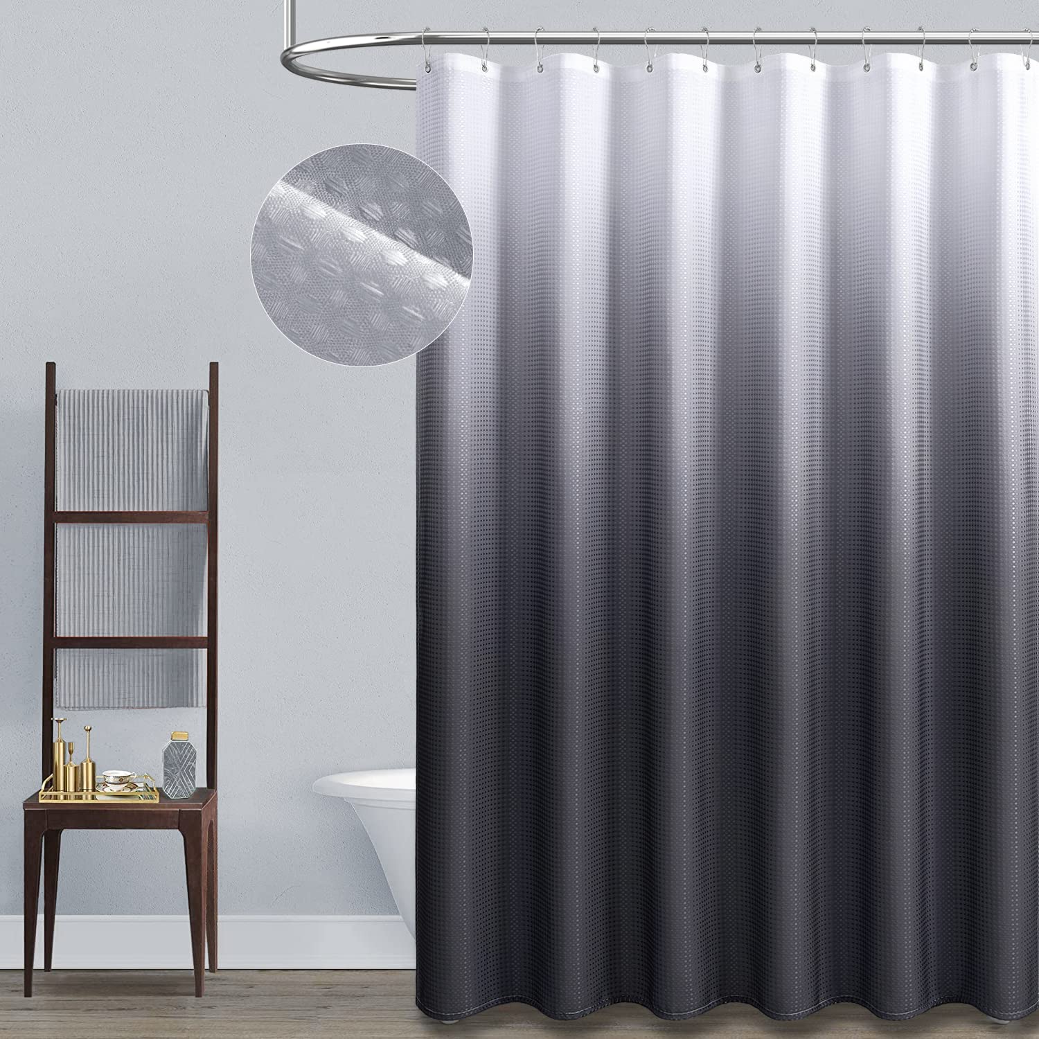 Photo 1 of Dynamene Grey Fabric Shower Curtain - Ombre Waffle Weave Heavy Duty Shower Curtains for Bathroom, Water Repellent, Simple Hotel Spa Luxury Decorative Cloth Shower Curtain Set with 12 Hooks - 72x72 Grey W72xH72