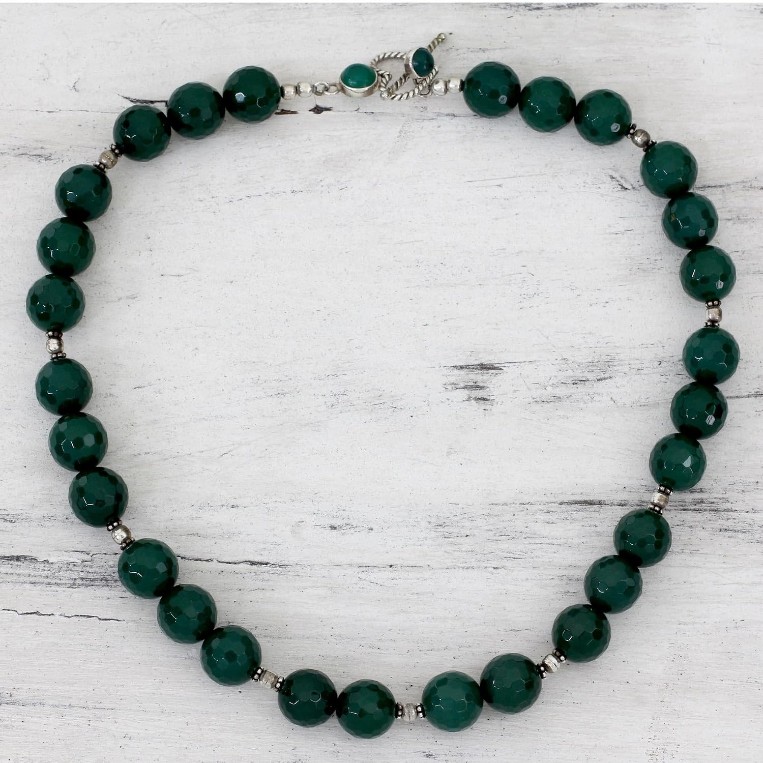 NOVICA Artisan Handmade Onyx Strand Necklace Green Sterling Silver India Bright Cobalt Biscay Bay Heart Modern Birthstone [19.25 in L x 0.5 in W] ' Cool Forest'