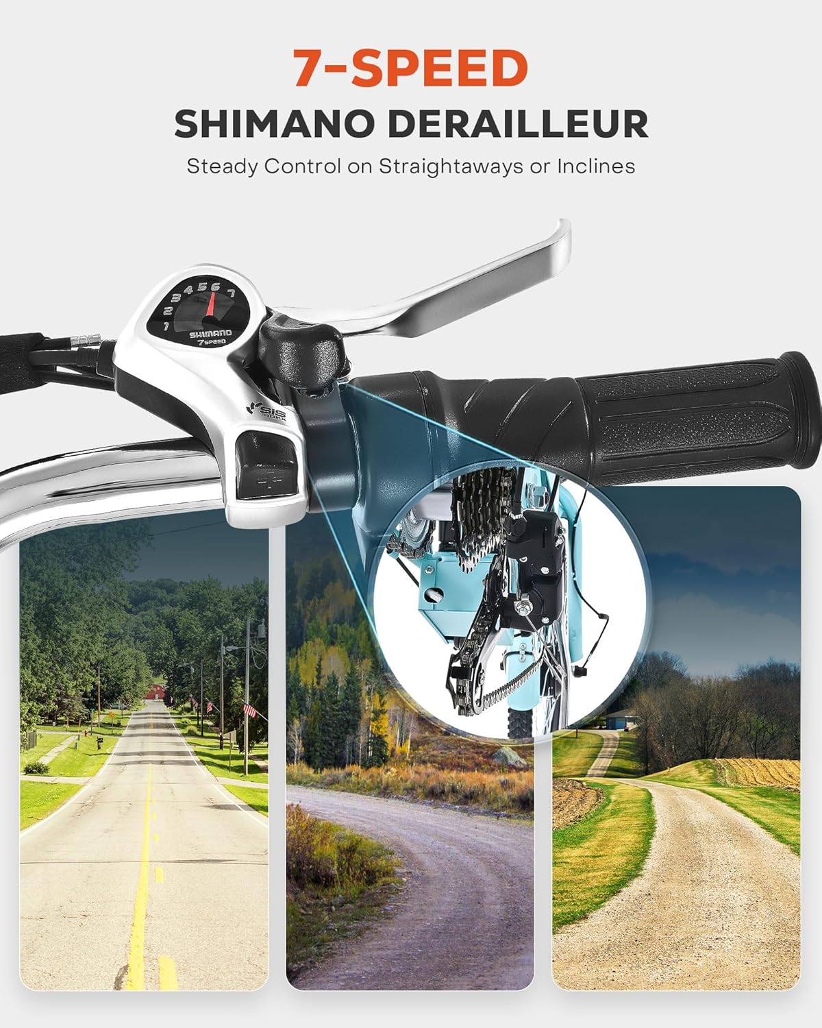 Close-up of the 7-speed Shimano derailleur shifter on the handlebar, with inset images showing different road conditions: paved road, gravel path, and dirt trail.