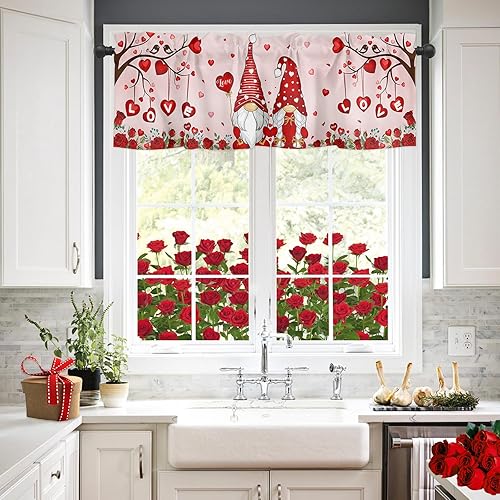 Cenefa de gnomo para el día de San Valentín para cocina cenefas de ventana de árbol de corazón cortina con bolsillo para barra tratamiento de