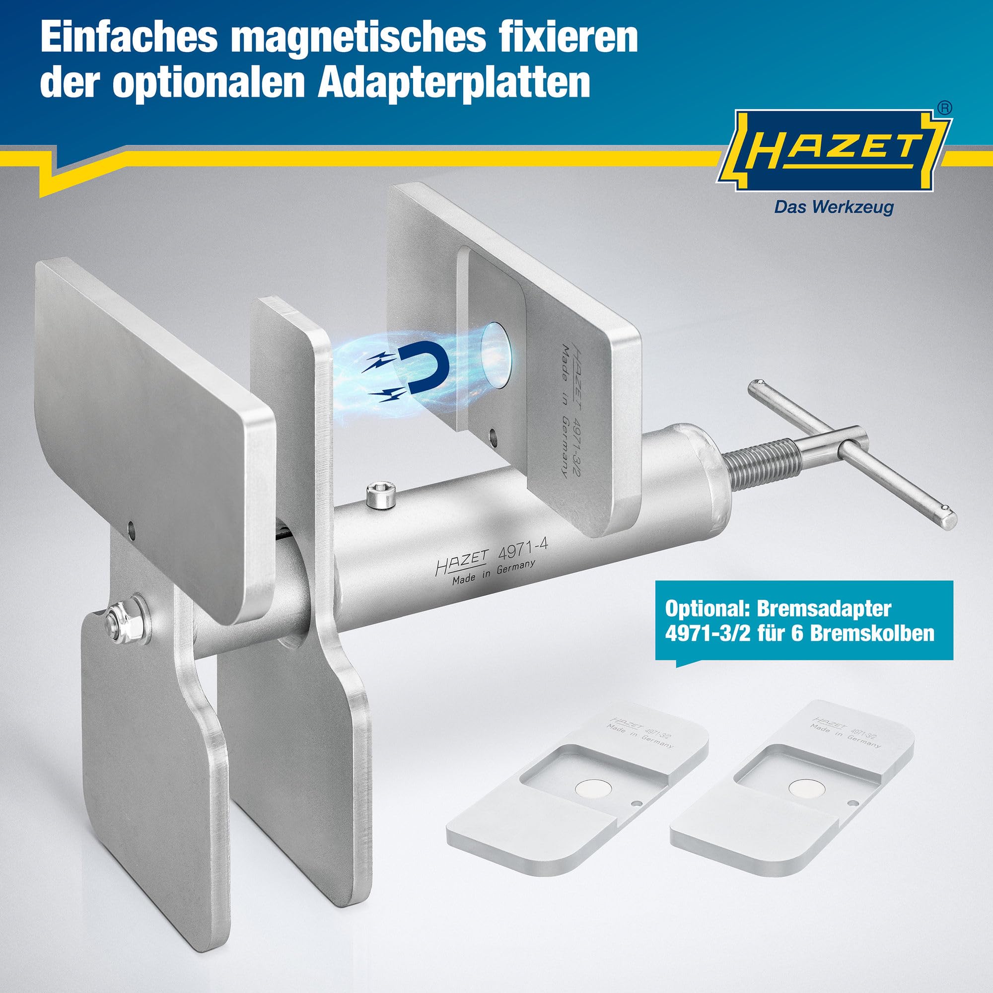 Hazet Bremskolben Rücksetzwerkzeug 4971-4, 2-in-1 für 1-, 2- und 4-Kolben Bremssättel, geeignet für Schwimmsättel und Festsättel, Arbeitsbereich 15-90 mm, beschädigungsfreies Zurücksetzen