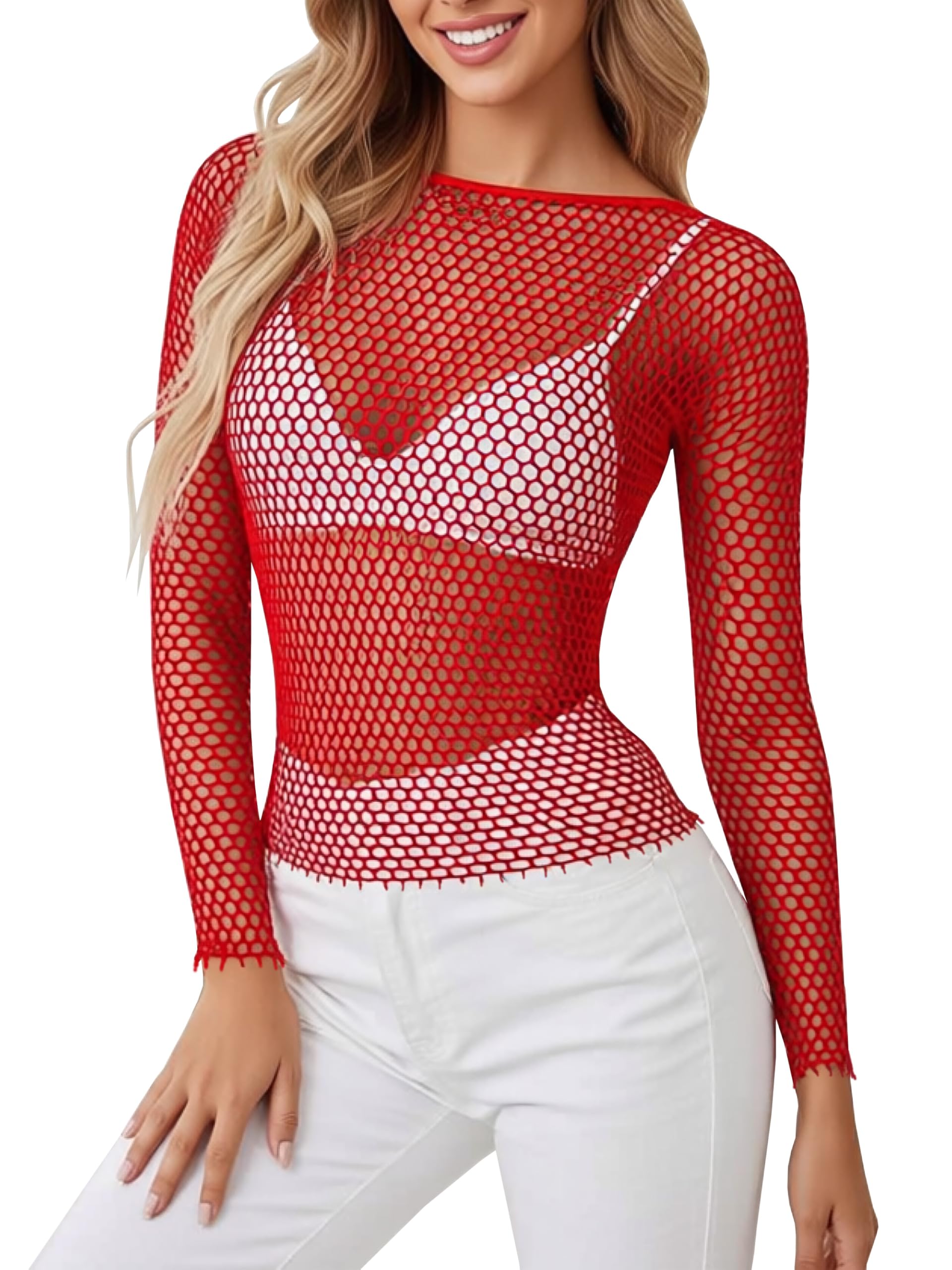 Mingnos Netzoberteil Mesh Oberteil Damen Sexy Durchsichtige Dessous T-Shirt Kleid Festival Outfit Langarm Netz Tops Netzshirt Rot
