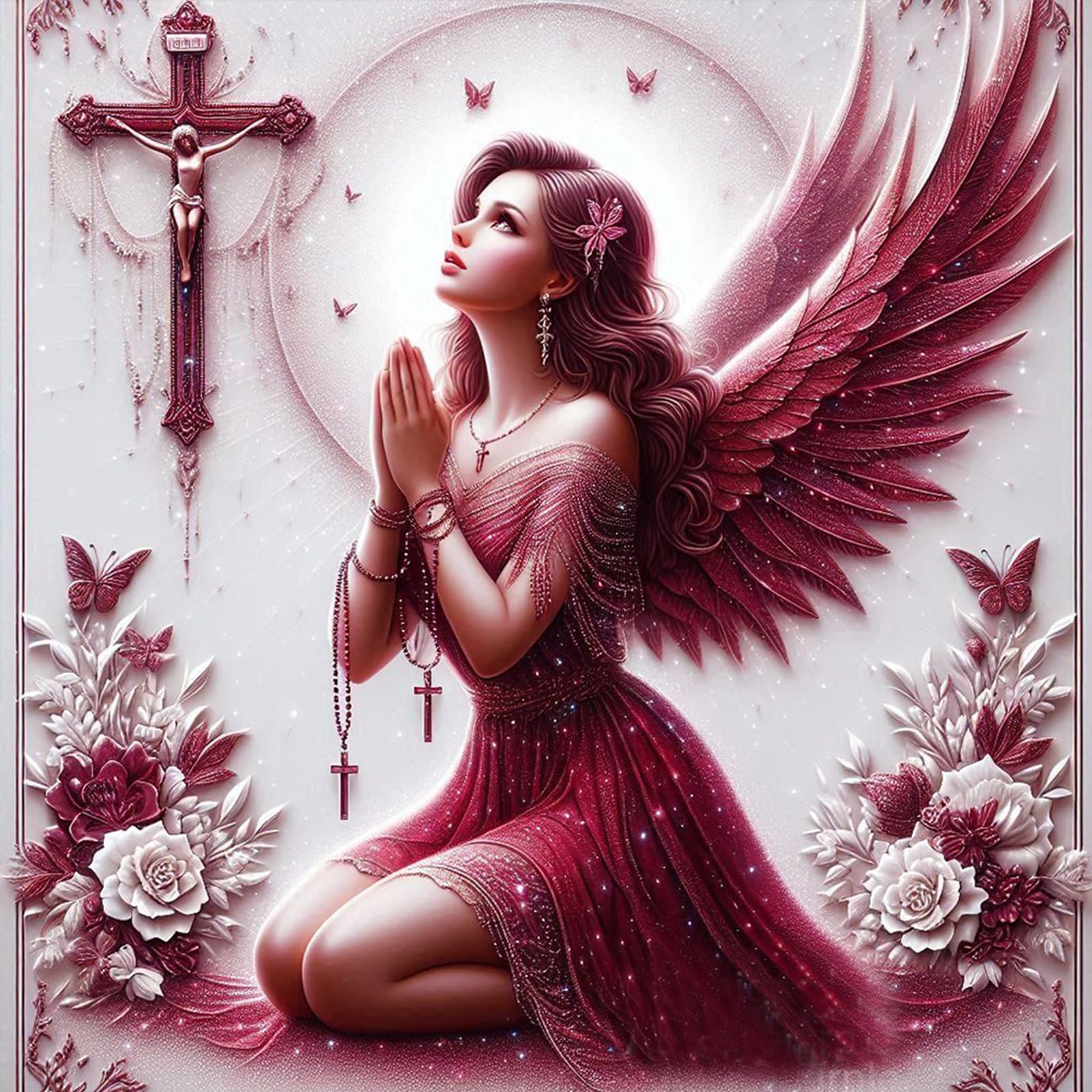 Poetrydraw V8341 Red Angel Kneeling Full Diy 5D Round Drill Diamond Art Paintings Picture Arts Craft For Adults Beginner Home Wall Decor Diamond Crystal Rhinestones Painting Kits 15.75 X15.75 In (V8341)
