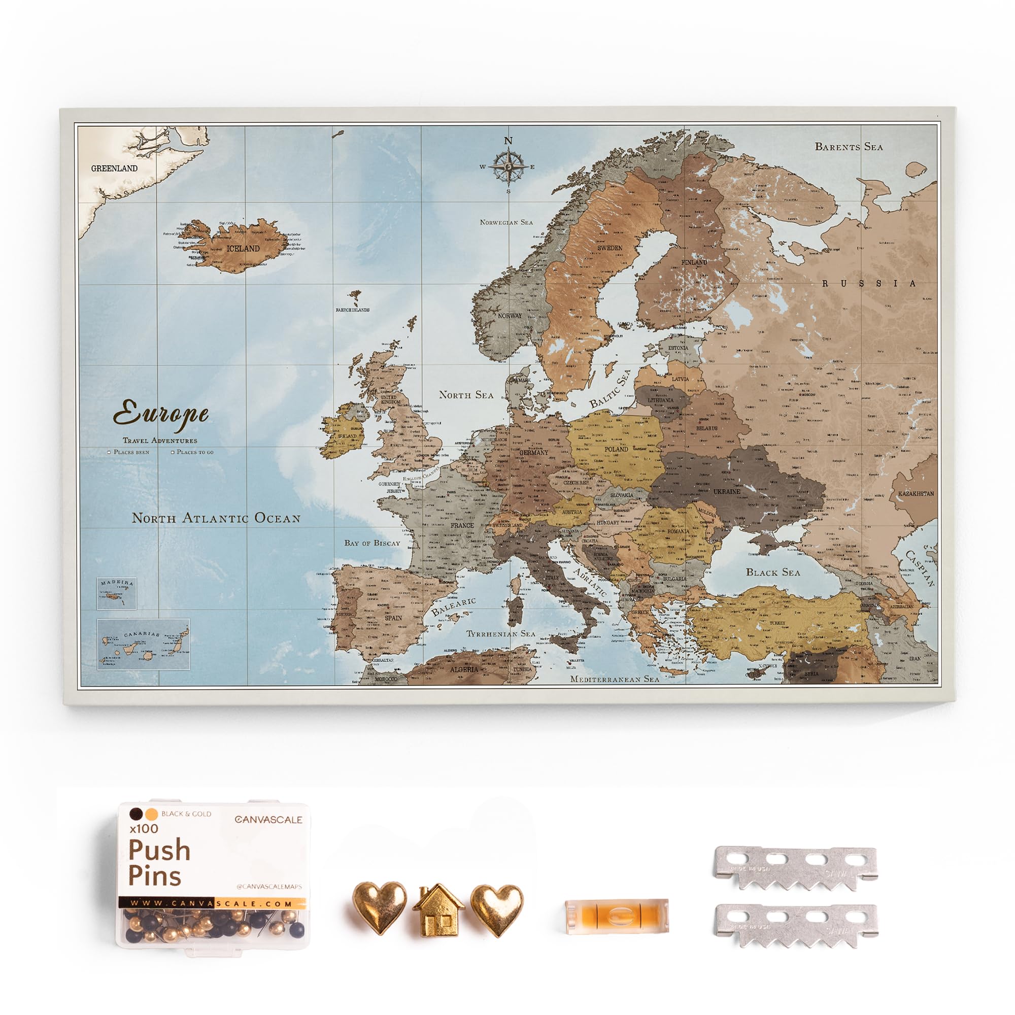 Canvas Europe Map with Cork Pin Board - Decorative Wall Decoration for All Rooms - Canvas Pictures with Europe Map Motif (90x60 cm, Pattern 14)