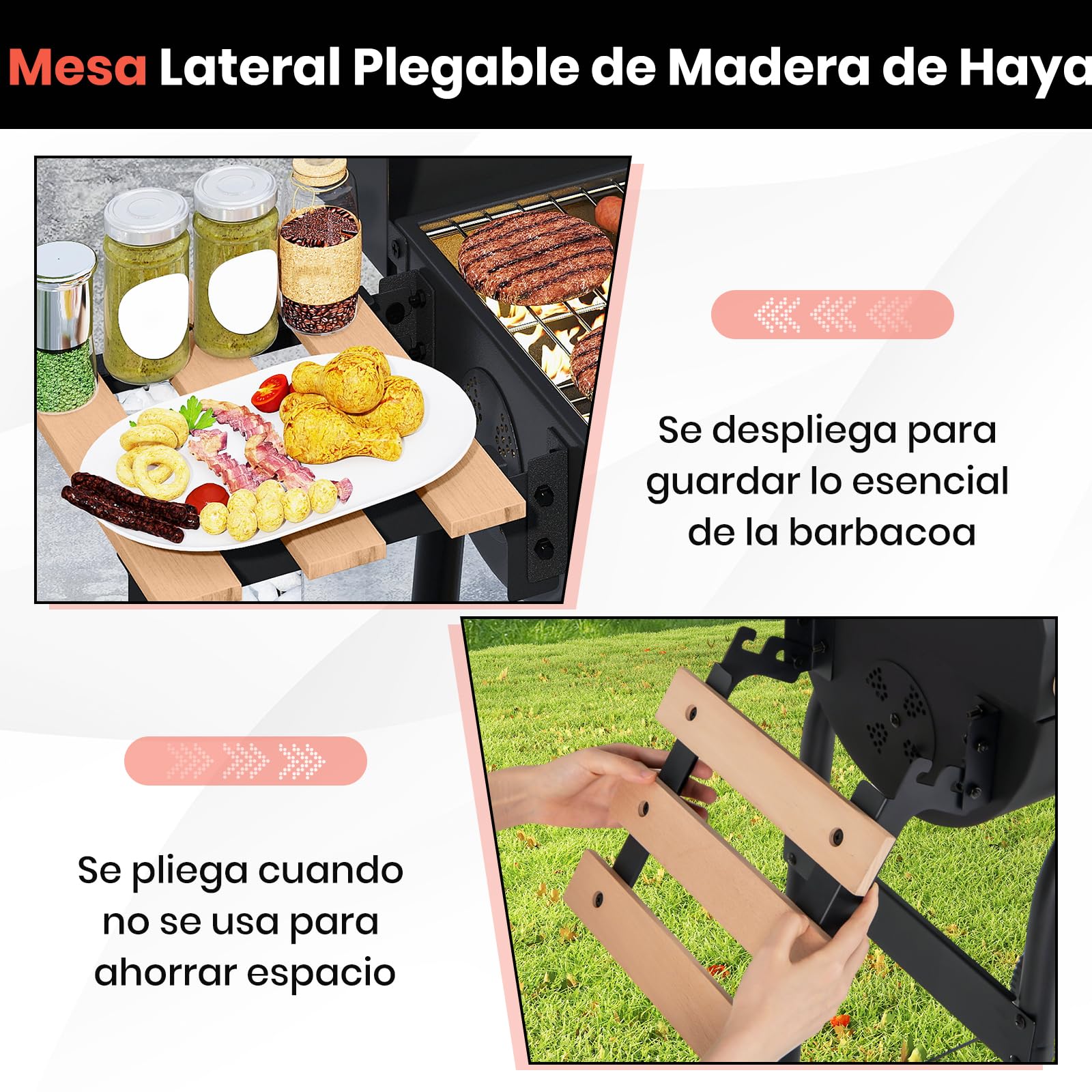 GOPLUS Parrilla de Carbón Portátil, Barbacoa al Aire Libre con Termómetro y Mesa Lateral Plegable, Estante de Almacenamiento y Ruedas para Patio Jardín Camping Picnics