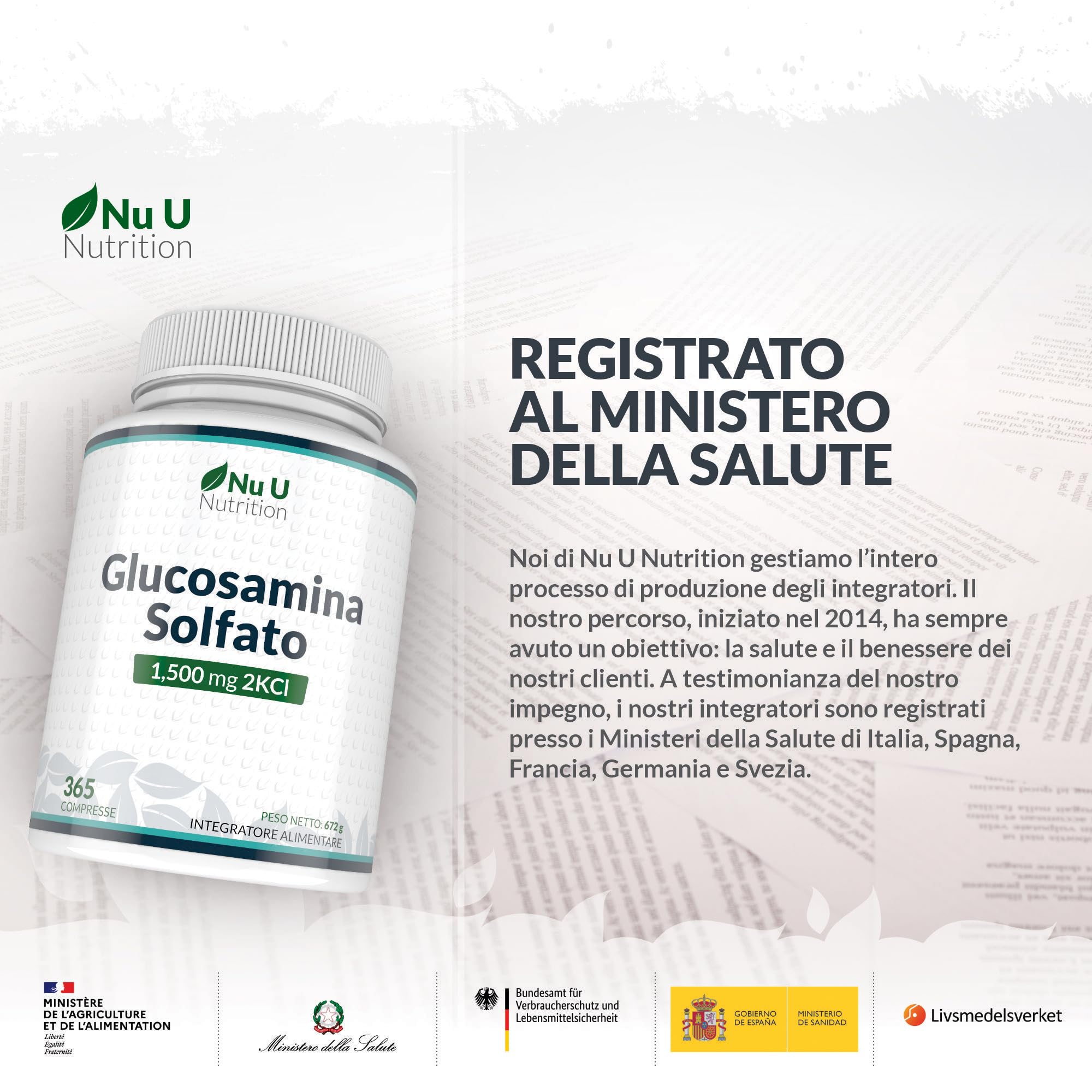 Glucosamina Solfato 1500 mg 2KCl Alto Dosaggio - 365 Compresse non Capsule - 1 Anno di Durata - Integratore per Articolazioni - Prodotto in Europa - Nu U Nutrition