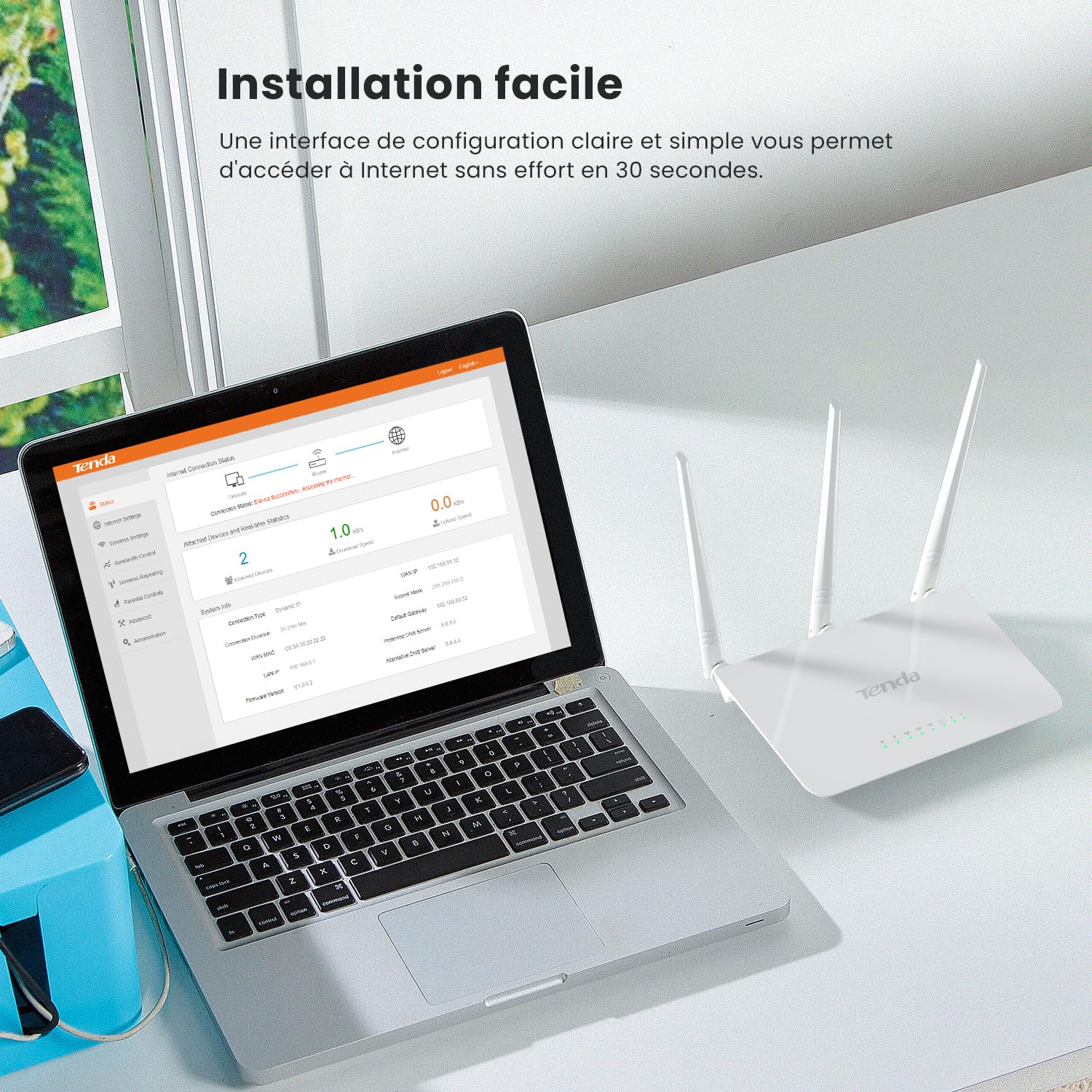Routeur WiFi N300 Tenda F3 sans Fil 300 Mbps 2,4 GHz 3 Antennes 5dBi 3 Ports LAN/WAN Blanc