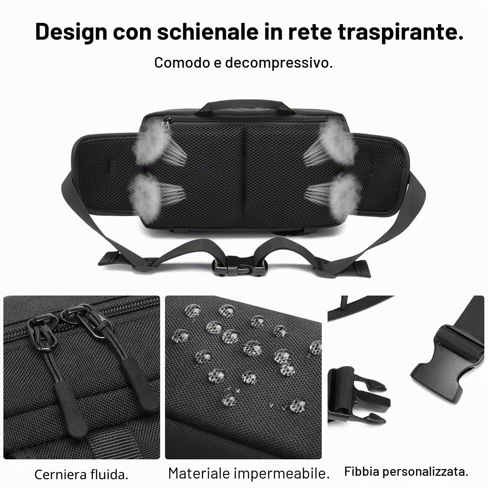 FANDARE Moda Marsupio da Uomo Zaino Monospalla Militare Marsupio Sportivo Borsello Zaino Spalla Borsa Cintura Impermeabile per Trekking Running Ciclismo Viaggio Sports Nero